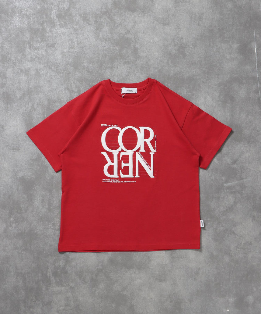 【FFEIN(フェイン)】プリントデカロゴショート丈Tシャツ / Tシャツ クルーネック 半袖 プリント シンプル【短丈】 レッド