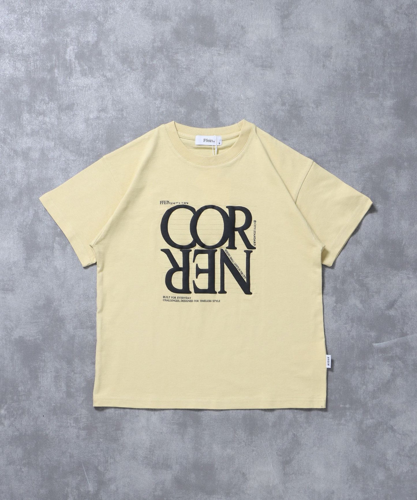 【FFEIN(フェイン)】プリントデカロゴショート丈Tシャツ / Tシャツ クルーネック 半袖 プリント シンプル【短丈】 レモンイエロー