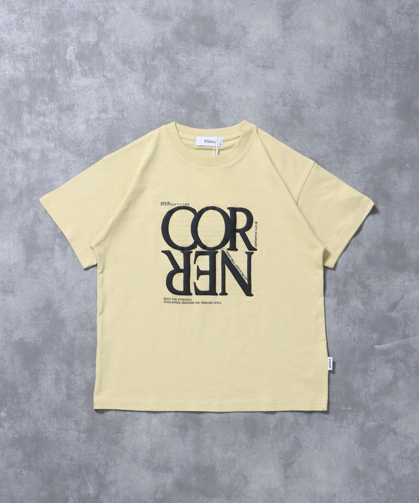 【FFEIN(フェイン)】プリントデカロゴショート丈Tシャツ / Tシャツ クルーネック 半袖 プリント シンプル【短丈】 レモンイエロー