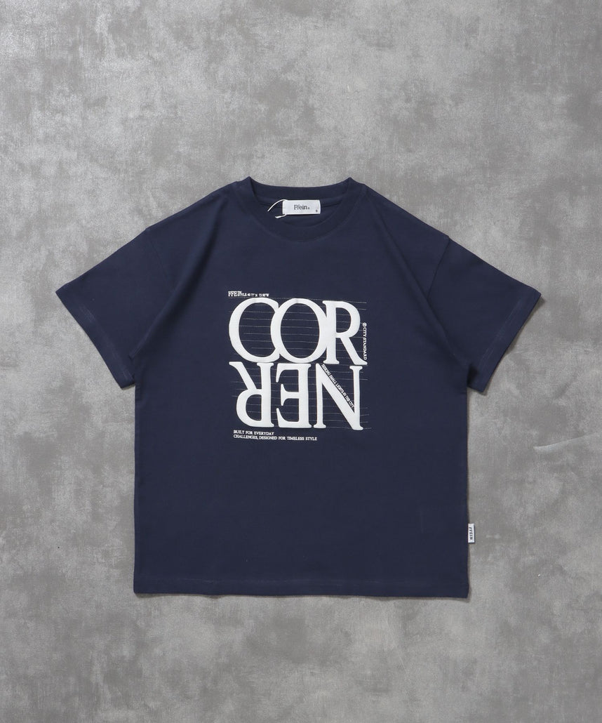 【FFEIN(フェイン)】プリントデカロゴショート丈Tシャツ / Tシャツ クルーネック 半袖 プリント シンプル【短丈】 ネイビー