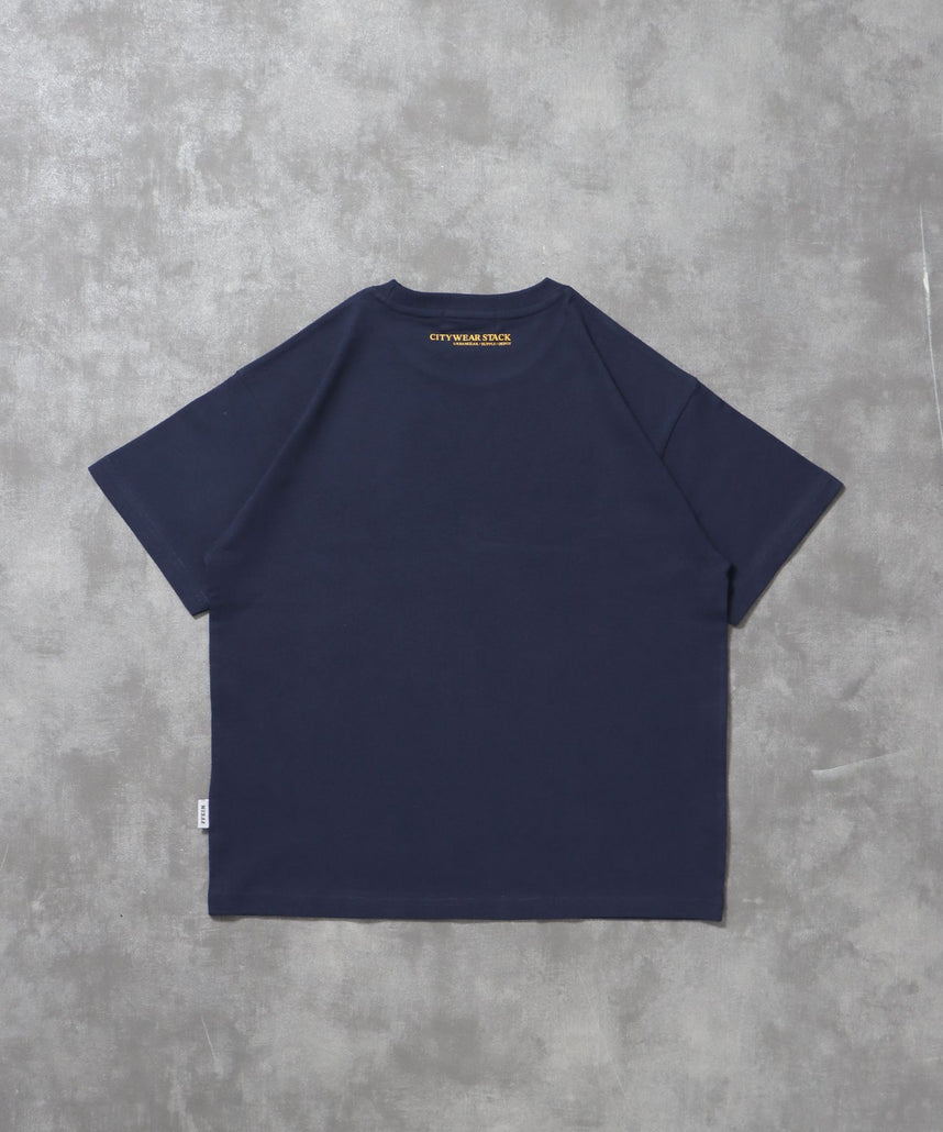 ユニバーサルロゴショート丈Tシャツ/ Tシャツ クルーネック 半袖 プリント 刺繍 チェック 【短丈】 ネイビー
