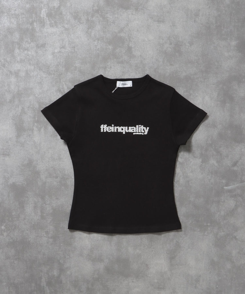 【FFEIN(フェイン)】テレコリブレディースTシャツ / 半袖 レディース クルーネック プリント ピチT ちびT 短丈 ブラック