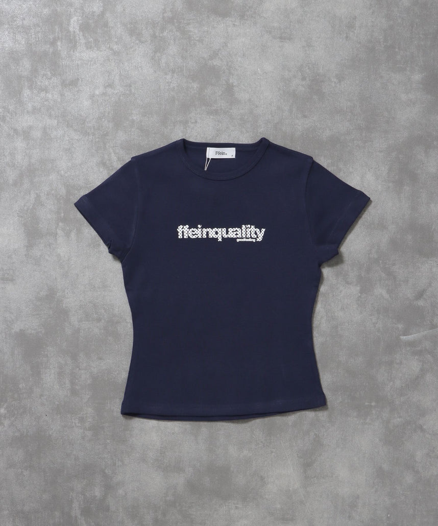 【FFEIN(フェイン)】テレコリブレディースTシャツ / 半袖 レディース クルーネック プリント ピチT ちびT 短丈 ネイビー