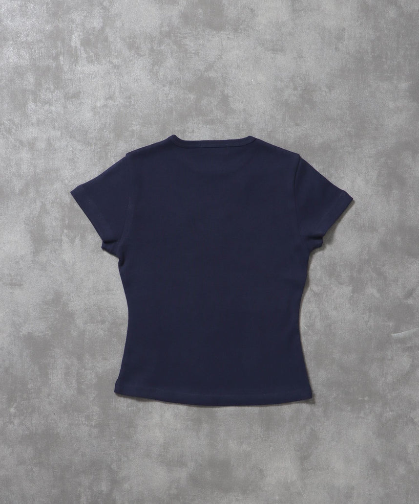 テレコリブレディースTシャツ / 半袖 レディース クルーネック プリント ピチT ちびT 短丈 ネイビー