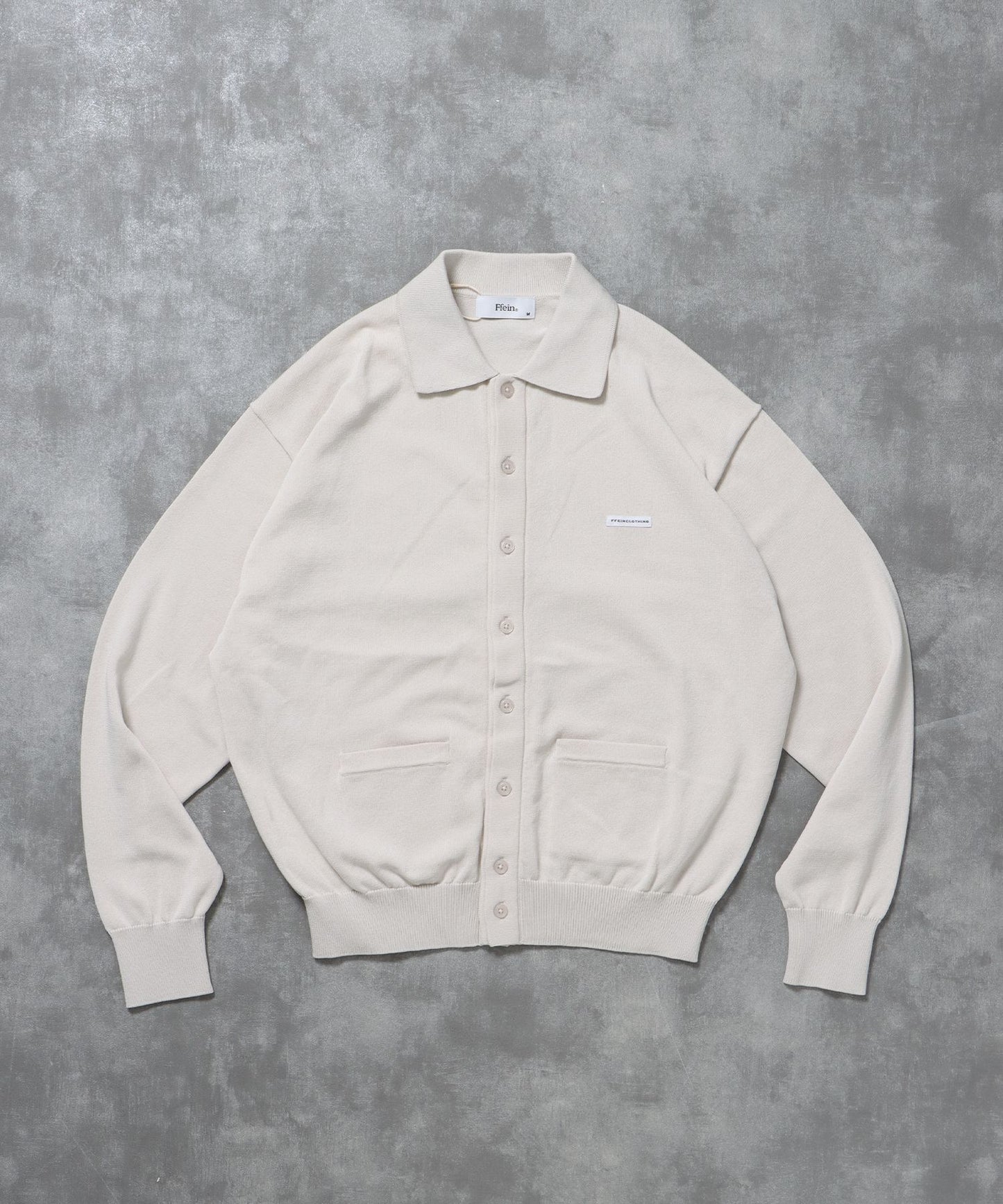 【FFEIN(フェイン)】襟付きダブルリブニットカーディガン / ニット カーディガン ダブルリブ ボタン ピス ポケット ライトグレー