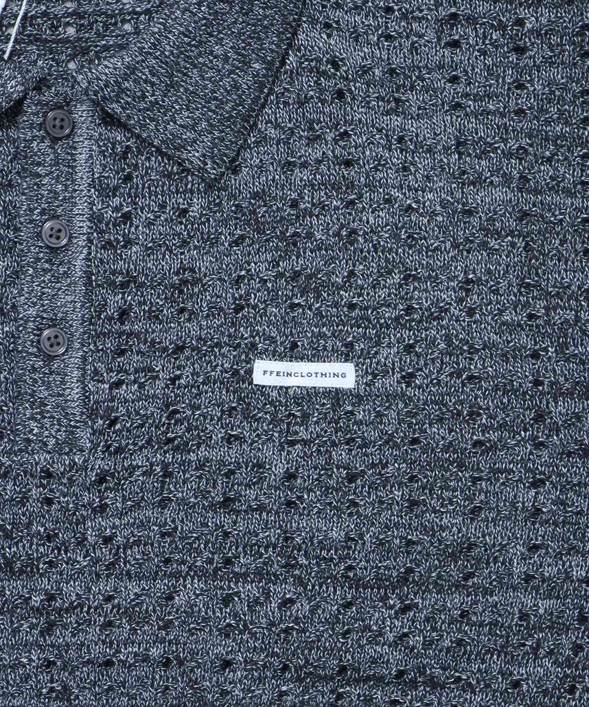 メランジワンポイントニットポロメッシュニット刺繍ポロシャツ / ポロシャツ メッシュ レギュラーカラー 半袖 ブラック