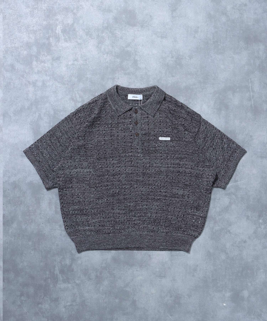 【FFEIN(フェイン)】メランジワンポイントニットポロメッシュニット刺繍ポロシャツ / ポロシャツ メッシュ レギュラーカラー 半袖 ブラウン