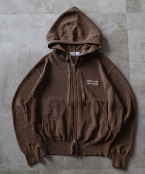 ワンポイント刺繍フード短丈ニットPK / ジップパーカー ダブルジップ ニット フーディ 刺繍 【短丈】 ブラウン