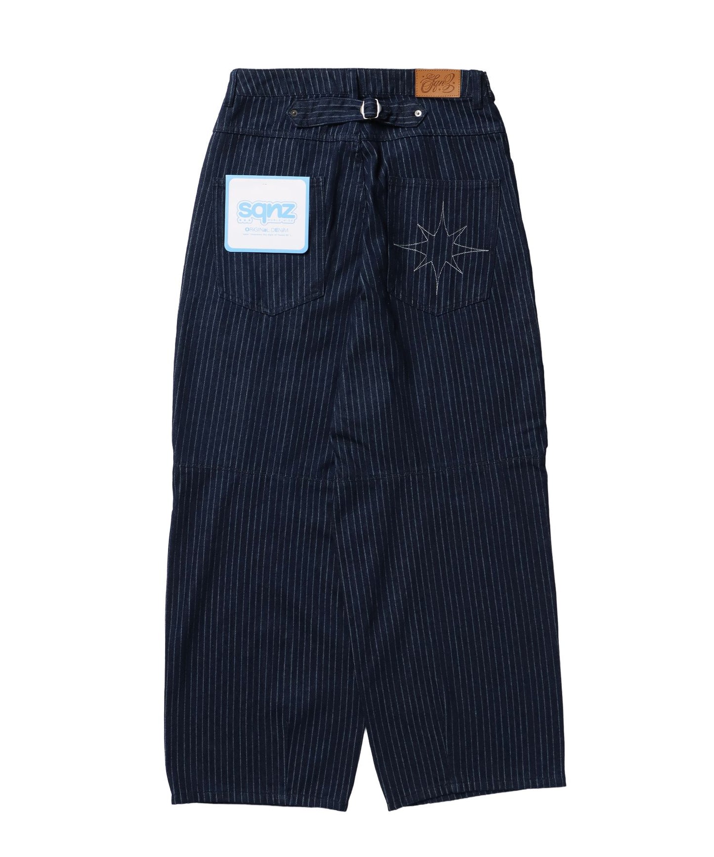 sqnz tucked denim pants / パンツ ハトメ レザーパッチ デニム ボトムス 加工 ワイドシルエット ネイビー