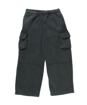 FADED SWEAT CARGO PANTS / カーゴパンツ スウェット ワイドシルエット 裏起毛 ドローコード 刺繍 ≪セットアップ着用可能≫ ブラック