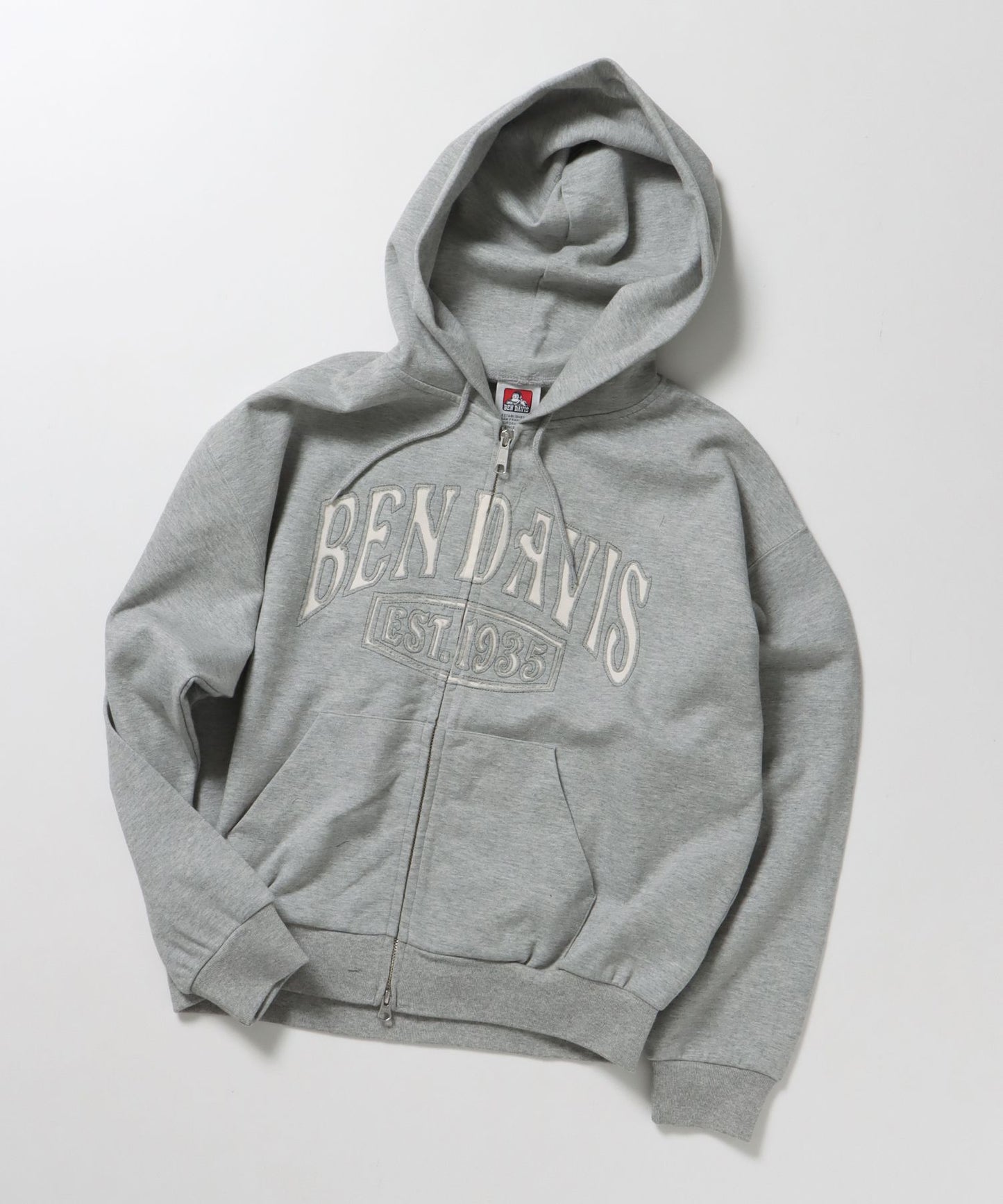 【BEN DAVIS（ベンデイビス）】CUTOUT LETTER ZIP HOODY / オーバーサイズ ヘビーウェイト ジップパーカー フーディ ダブルジップ 刺繍 加工 【短丈】 グレー