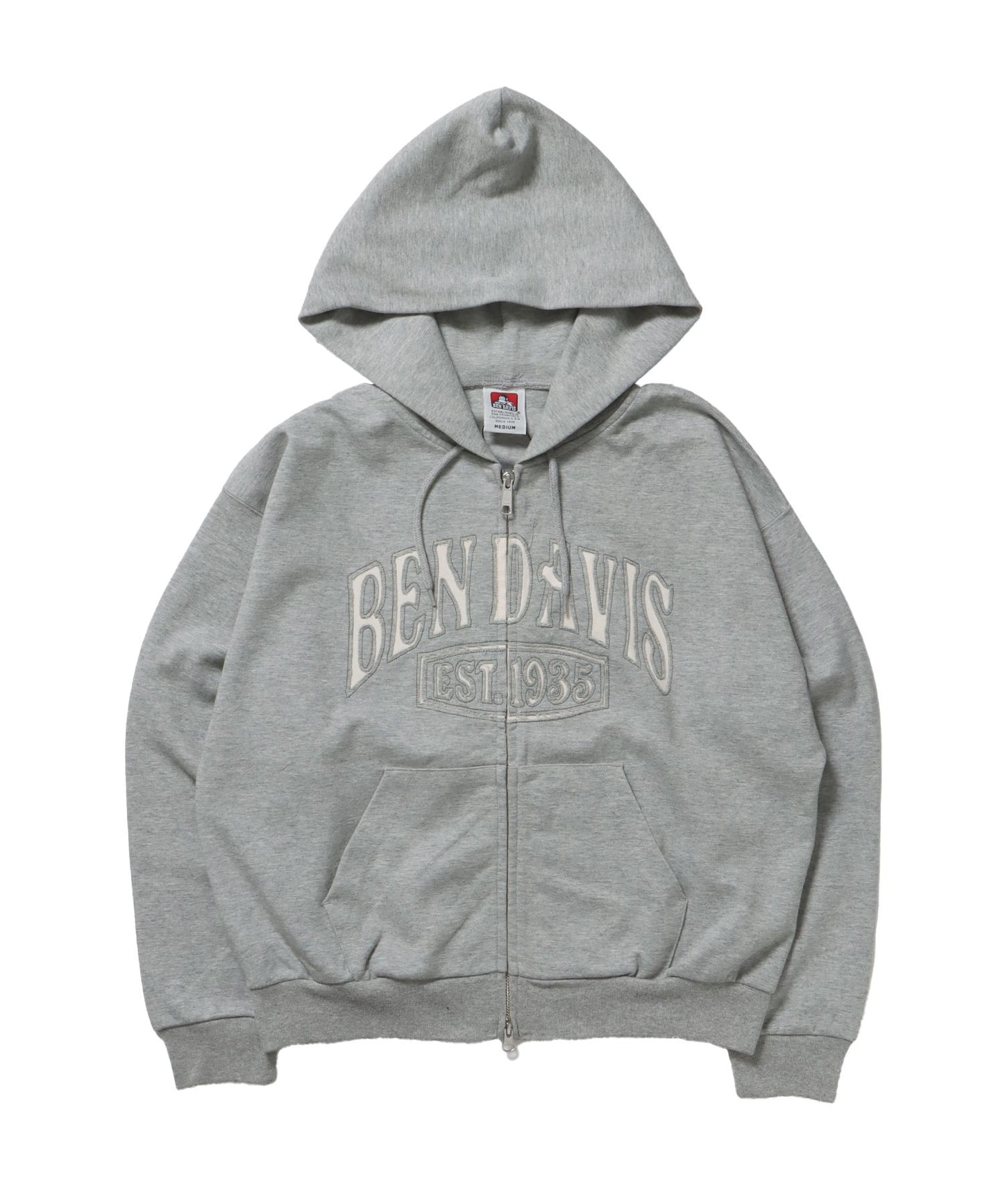 【BEN DAVIS（ベンデイビス）】CUTOUT LETTER ZIP HOODY / オーバーサイズ ヘビーウェイト ジップパーカー フーディ ダブルジップ 刺繍 加工 【短丈】 グレー