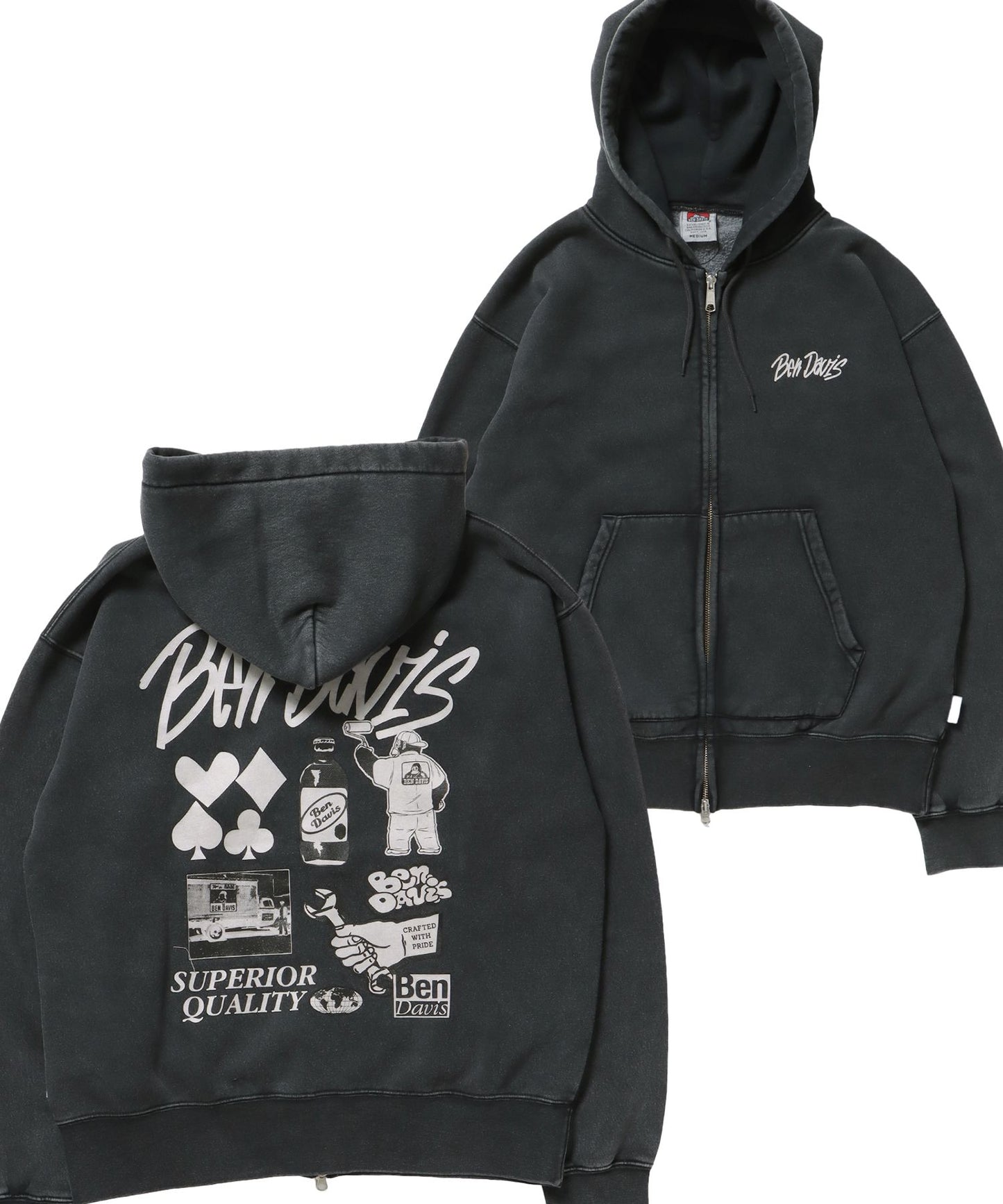 【BEN DAVIS（ベンデイビス）】GRAPHIC FADED ZIP HOODIE / ジップパーカー フーディ 裏起毛 ヘビーウェイト プリント 加工 ブラック