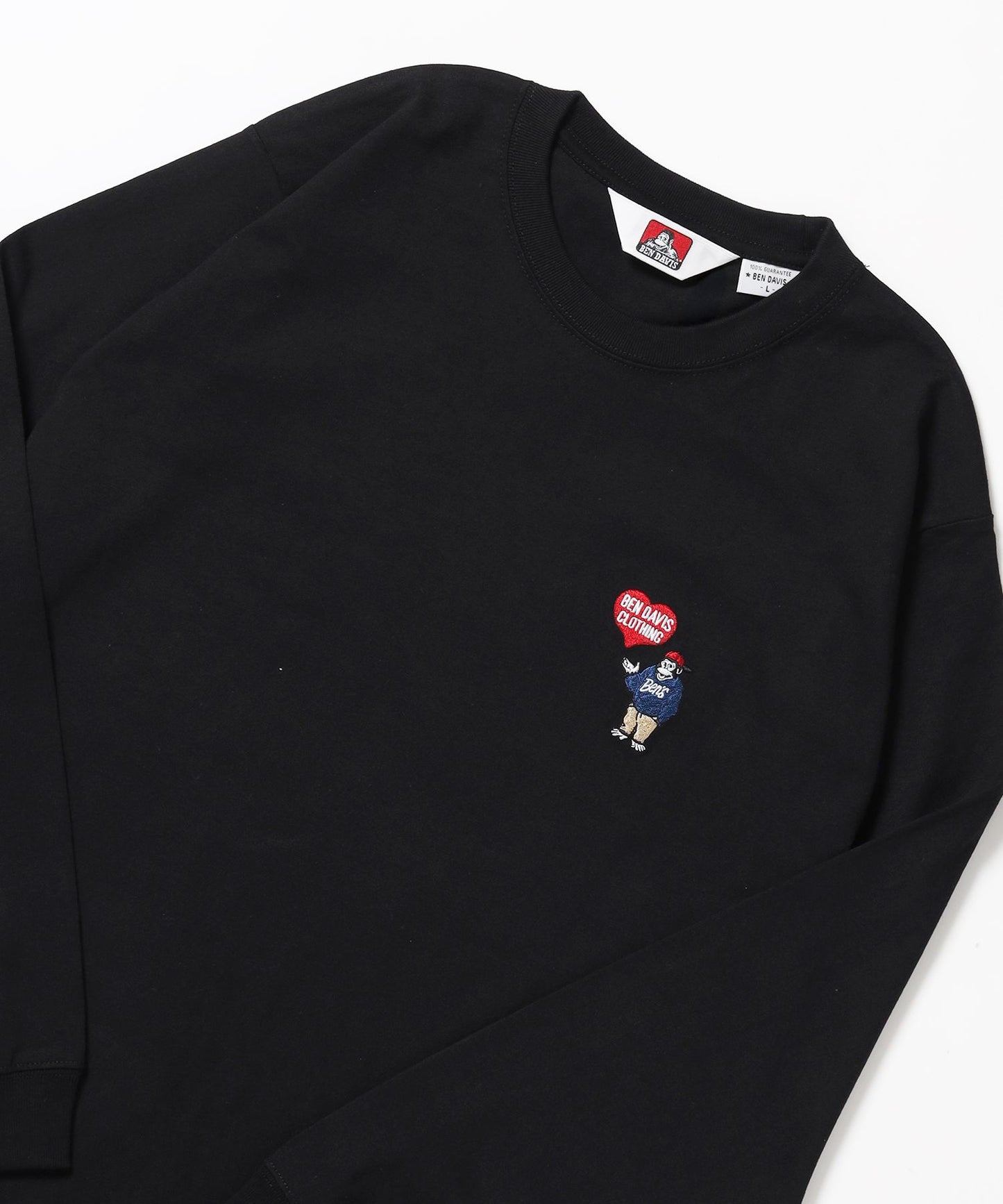 【BEN DAVIS（ベンデイビス）】HEART GORILLA L/S TEE / クルーネック ロンT 長袖 刺繍 ワンポイント ユニセックス レギュラーシルエット ブラック