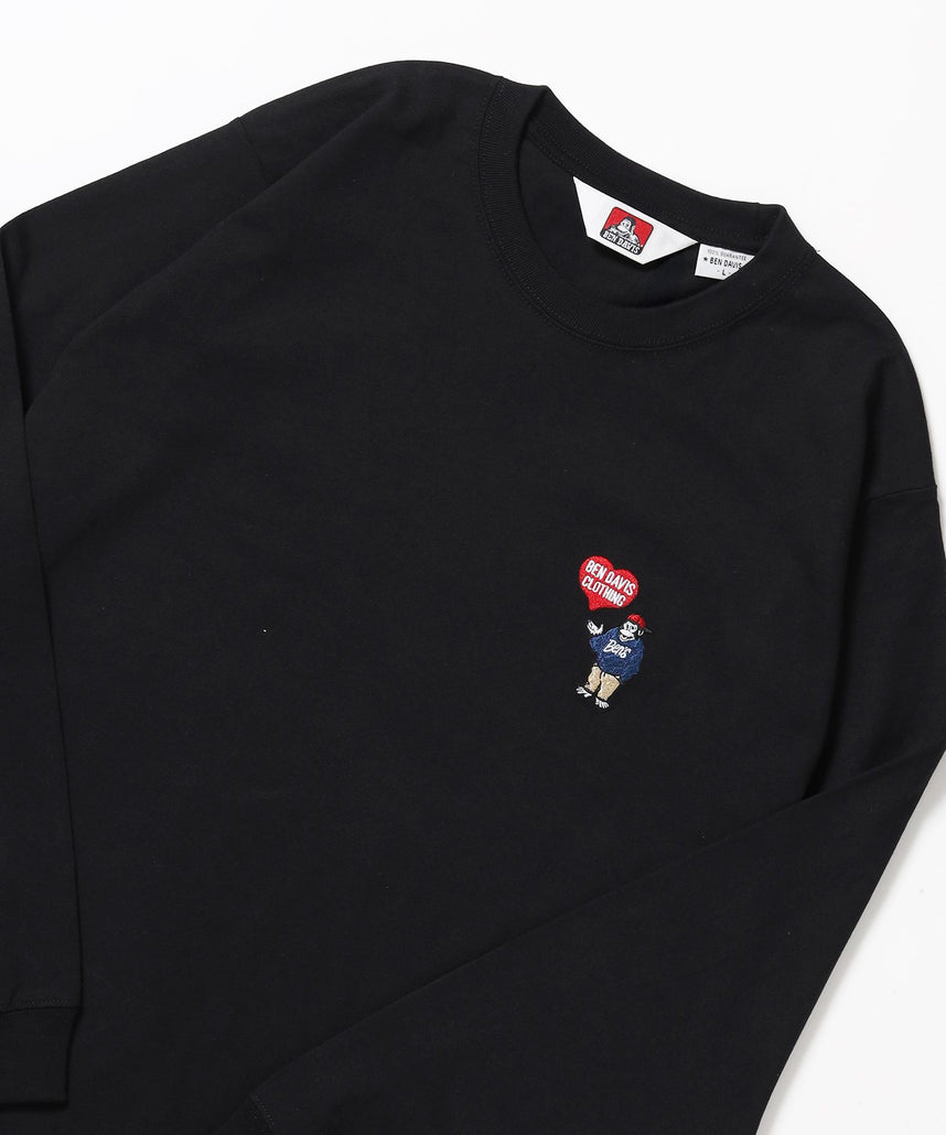 【BEN DAVIS（ベンデイビス）】HEART GORILLA L/S TEE / クルーネック ロンT 長袖 刺繍 ワンポイント ユニセックス レギュラーシルエット ブラック