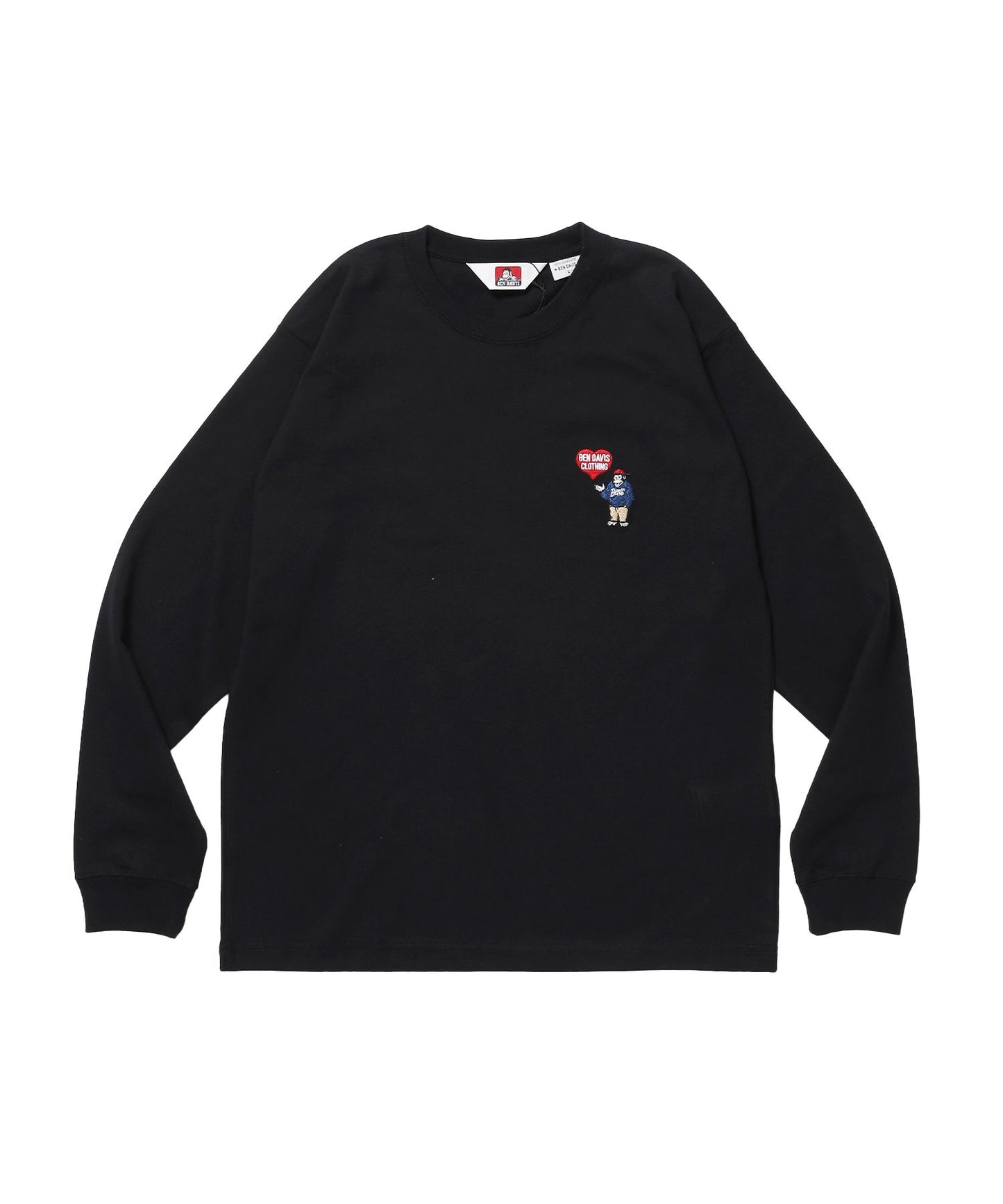 【BEN DAVIS（ベンデイビス）】HEART GORILLA L/S TEE / クルーネック ロンT 長袖 刺繍 ワンポイント ユニセックス レギュラーシルエット ブラック