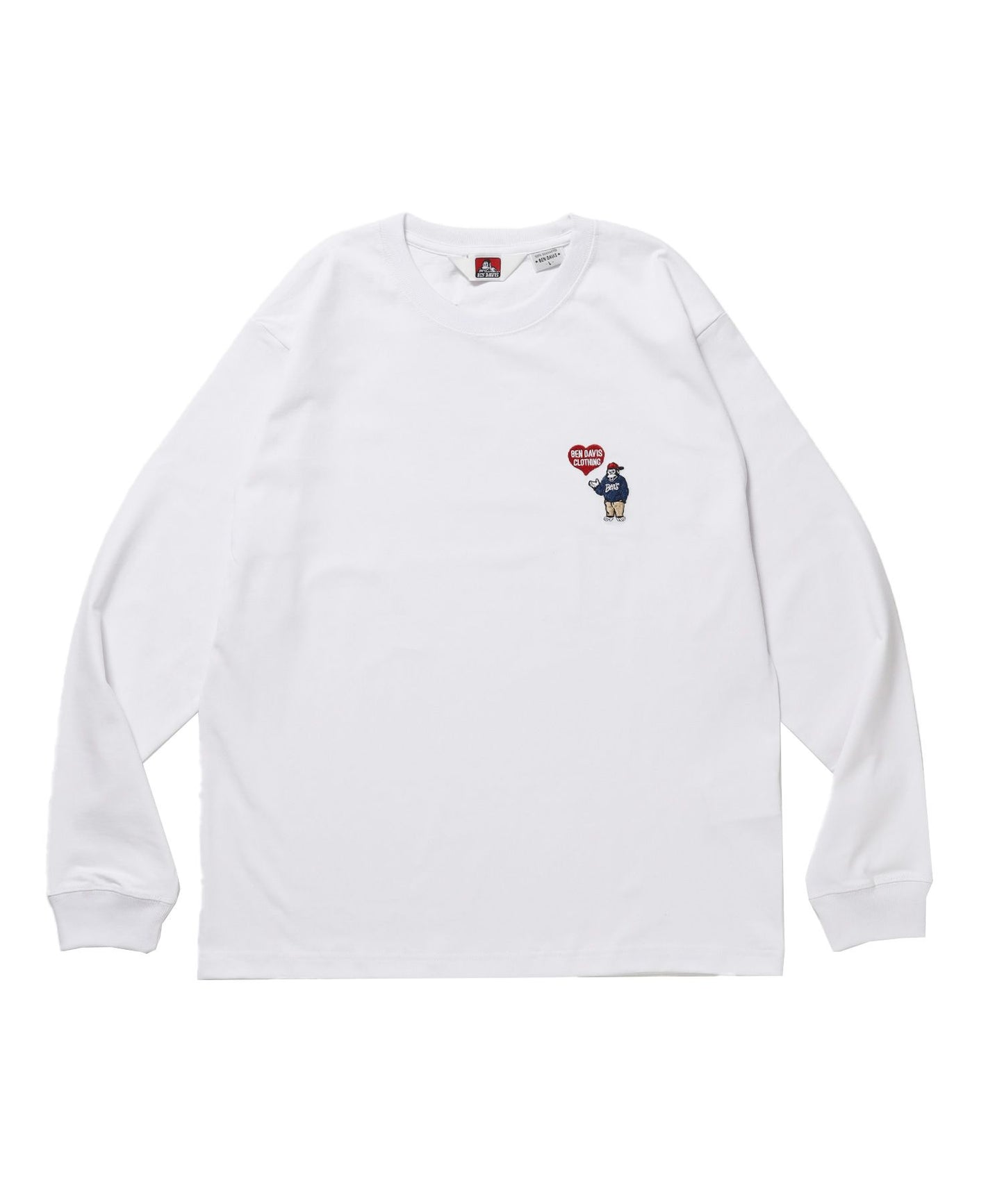 【BEN DAVIS（ベンデイビス）】HEART GORILLA L/S TEE / クルーネック ロンT 長袖 刺繍 ワンポイント ユニセックス レギュラーシルエット ホワイト