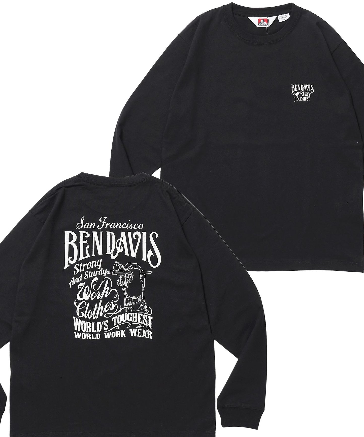 【BEN DAVIS（ベンデイビス）】PAINTER’S SIGN L/S TEE / ロンT クルーネック 長袖 ワンポイント プリント ユニセックス ブラック
