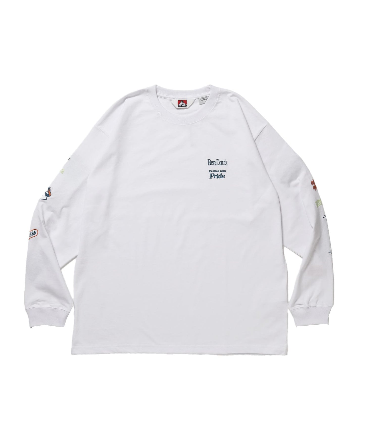 【BEN DAVIS（ベンデイビス）】SLEEVE EMB WIDE L/S TEE / ロンT クルーネック 刺繍 長袖 ユニセックス レギュラーシルエット ホワイト