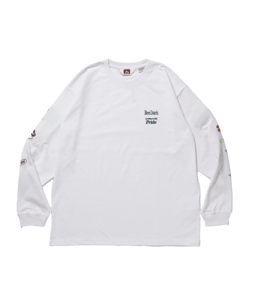【BEN DAVIS（ベンデイビス）】SLEEVE EMB WIDE L/S TEE / ロンT クルーネック 刺繍 長袖 ユニセックス レギュラーシルエット ホワイト