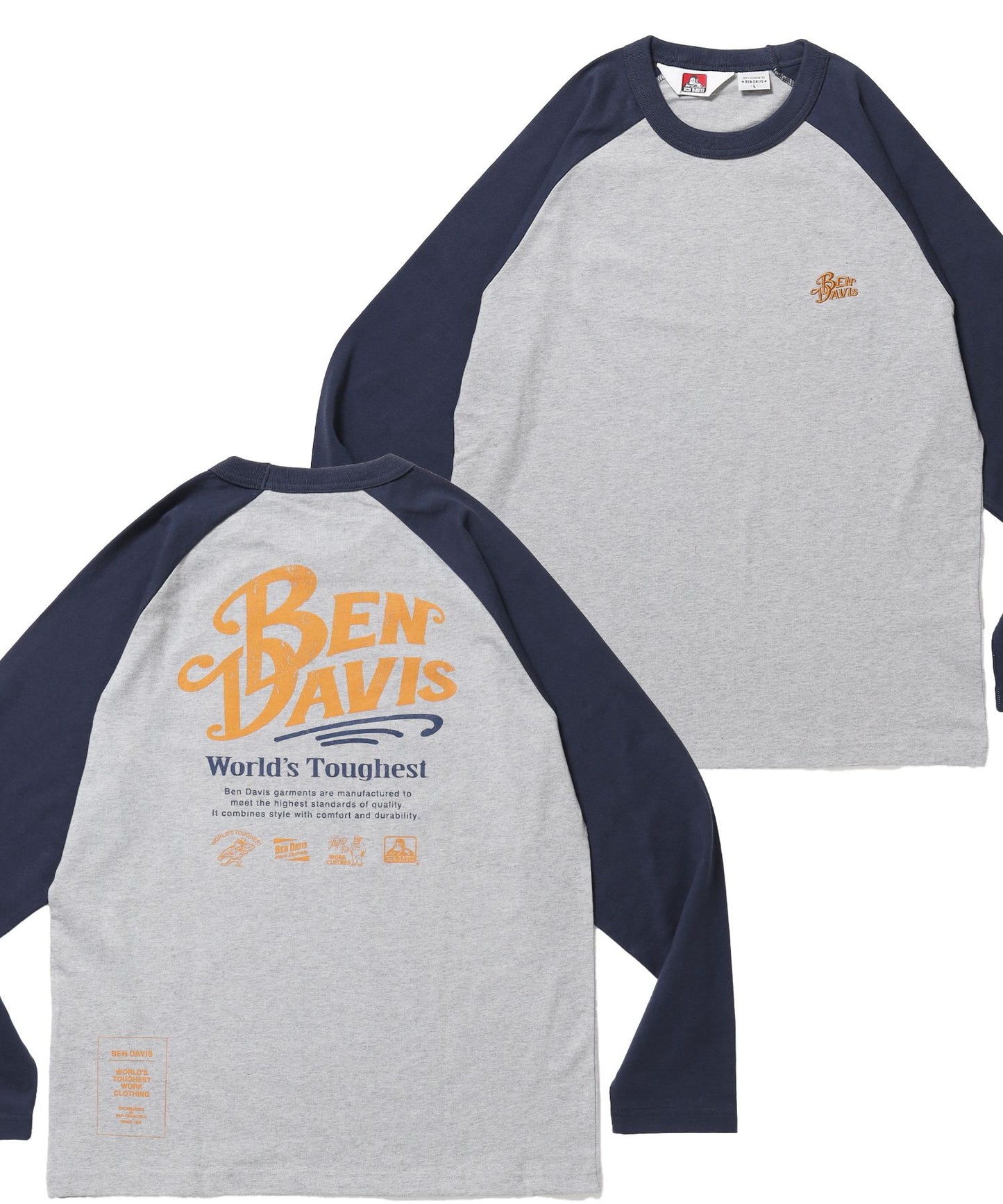 【BEN DAVIS（ベンデイビス）】RIDERS RAGLAN L/S TEE / ロンT クルーネック ラグラン 七分丈 長袖 レギュラーシルエット プリント ネイビー