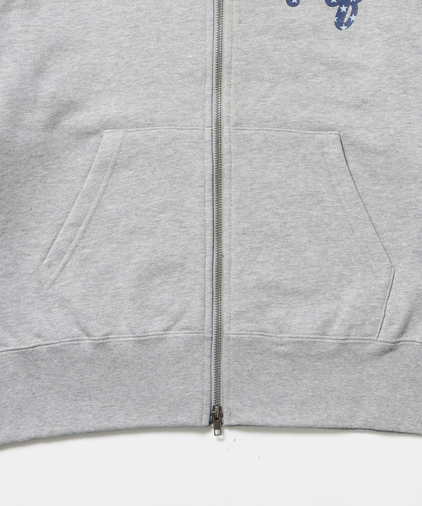 sqnz logo pt zip p/k / ジップパーカー フーディ 裏毛 ワンポイント ダブルジップ 花柄  星柄 グレー