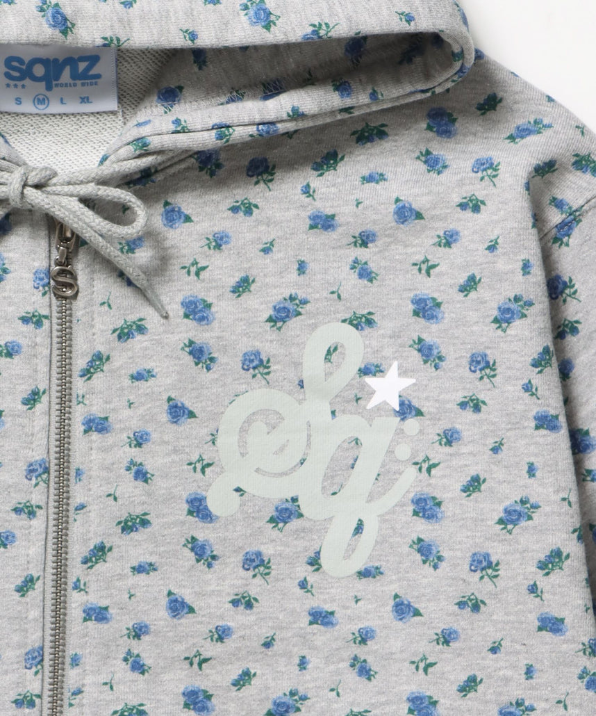 sqnz logo pt zip p/k /ジップパーカー フーディ 裏毛 ワンポイント ダブルジップ 花柄  星柄 柄83