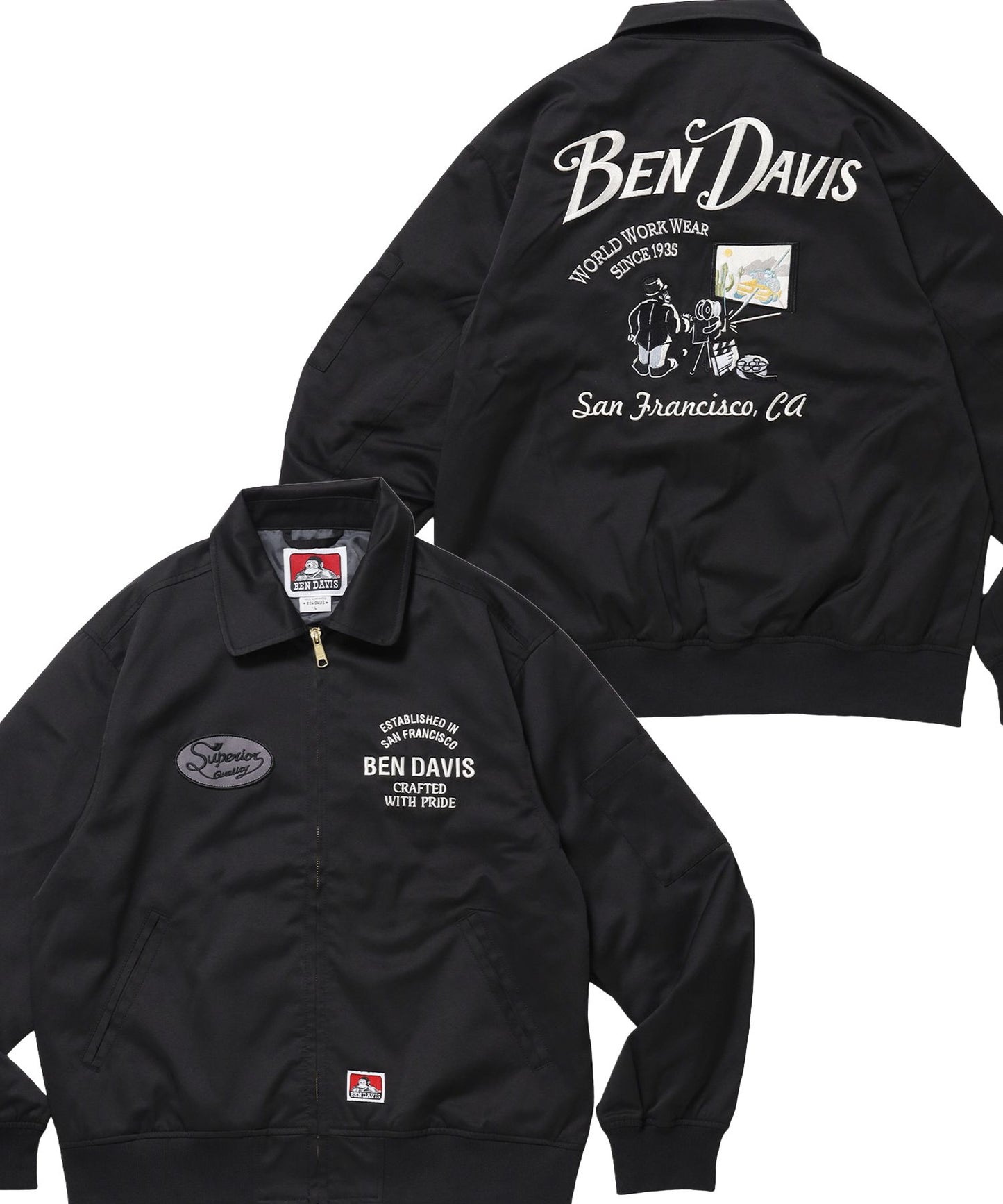 【BEN DAVIS（ベンデイビス）】THEATER EMB BM JACKET / ワーク ジャケット ジップ 刺繍 ポケット ワンポイント ブラック