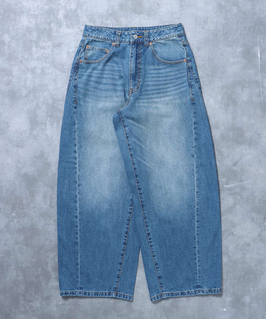 【FFEIN(フェイン)】リアルヴィンテージバレルレッグデニムパンツ / デニム パンツ ボトムス ワイドシルエット デニム カーブ ブルー