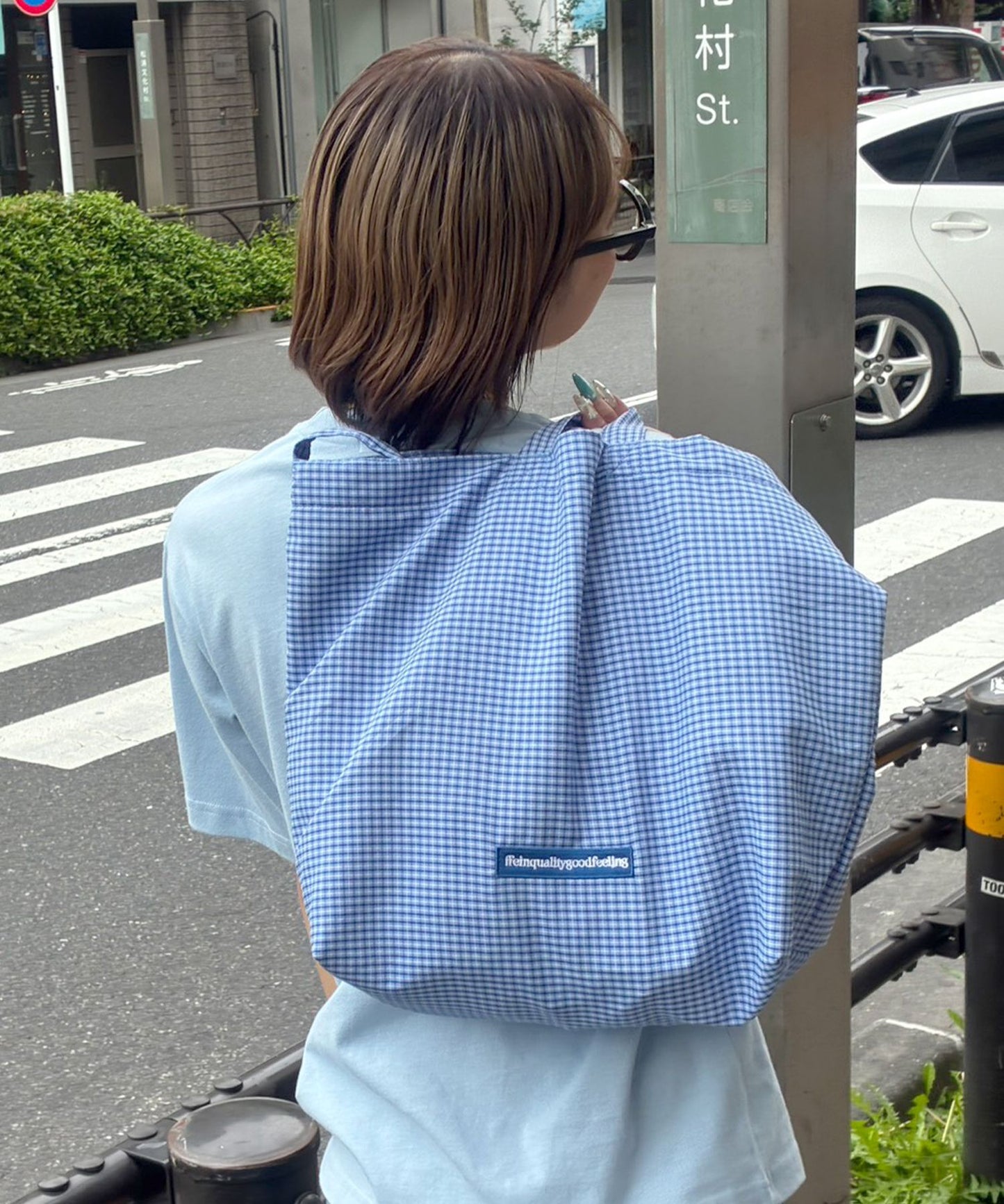 2WAYチェックトートバッグ / ユニセックス バック 2WAY 雑貨 刺繍 チェック ポケット ブルー