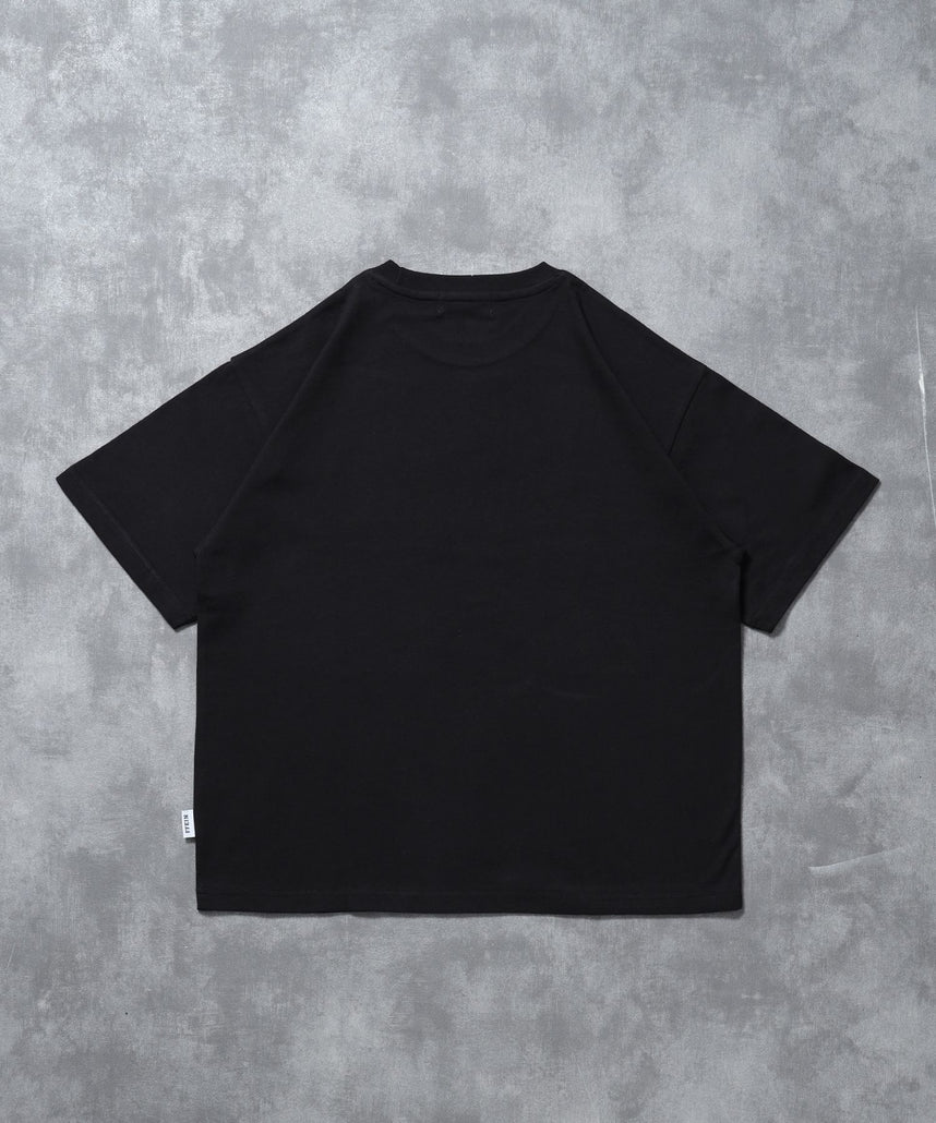 立体チェックプリントロゴショート丈Tシャツ/ クルーネック 半袖 刺繍 【短丈】 ブラック