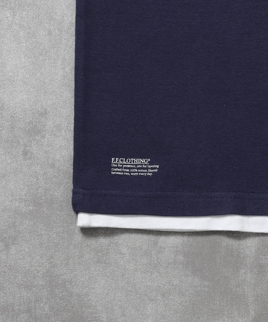 フェイクレイヤードヘンリーネックショート丈Tシャツ/ Tシャツ ヘンリーネック 半袖 レイヤード ワンポイント シンプル 【短丈】 ネイビー