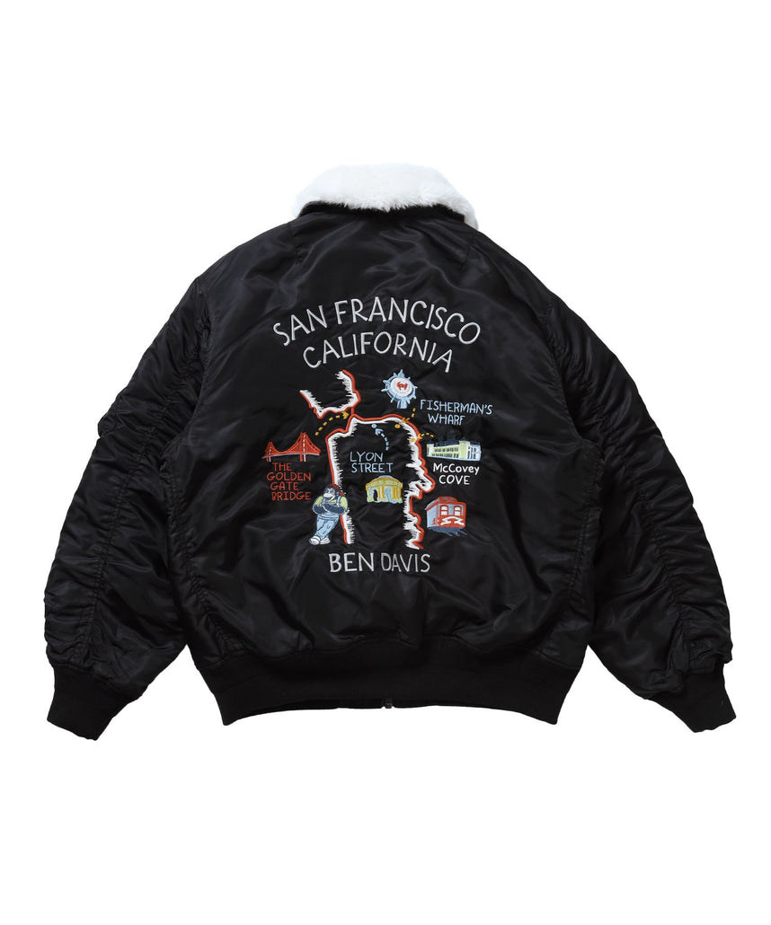【BEN DAVIS（ベンデイビス）】SOUVENIR EMB FLIGHT JACKET / スーベニアジャケット フライトジャケット 刺繍 ワッペン 着脱ボア衿 アウター ユニセックス ブラック