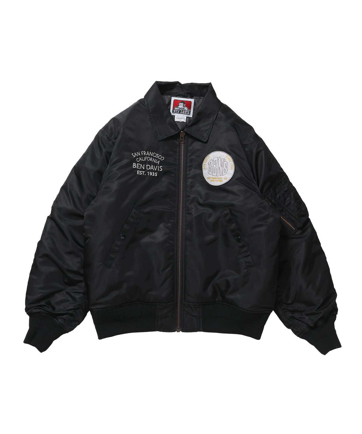 【BEN DAVIS（ベンデイビス）】SOUVENIR EMB FLIGHT JACKET / スーベニアジャケット フライトジャケット 刺繍 ワッペン 着脱ボア衿 アウター ユニセックス ブラック