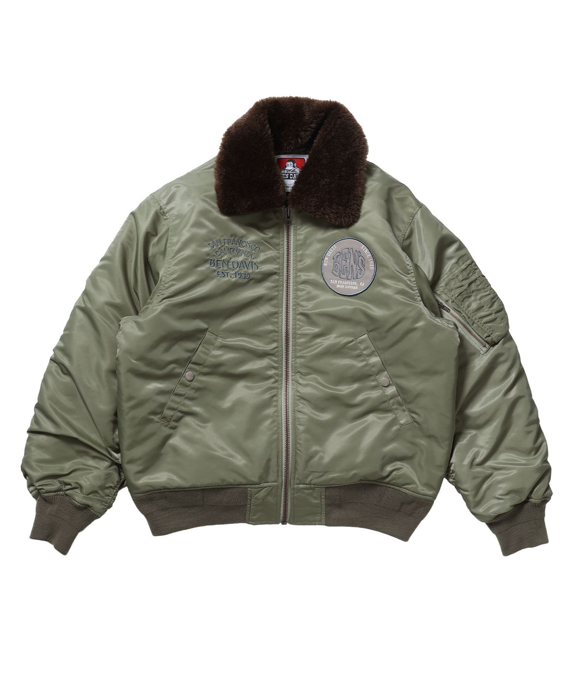 【BEN DAVIS（ベンデイビス）】SOUVENIR EMB FLIGHT JACKET / スーベニアジャケット フライトジャケット 刺繍 ワッペン 着脱ボア衿 アウター ユニセックス カーキ