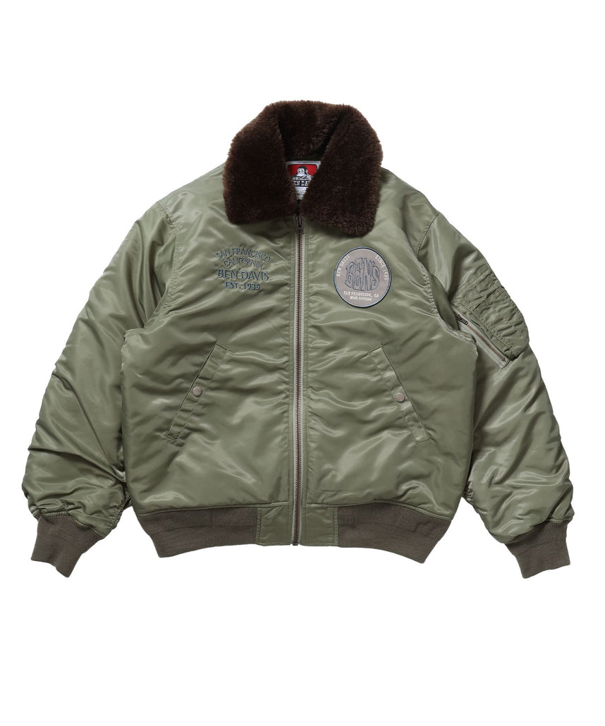 【BEN DAVIS（ベンデイビス）】SOUVENIR EMB FLIGHT JACKET / スーベニアジャケット フライトジャケット 刺繍 ワッペン 着脱ボア衿 アウター ユニセックス カーキ
