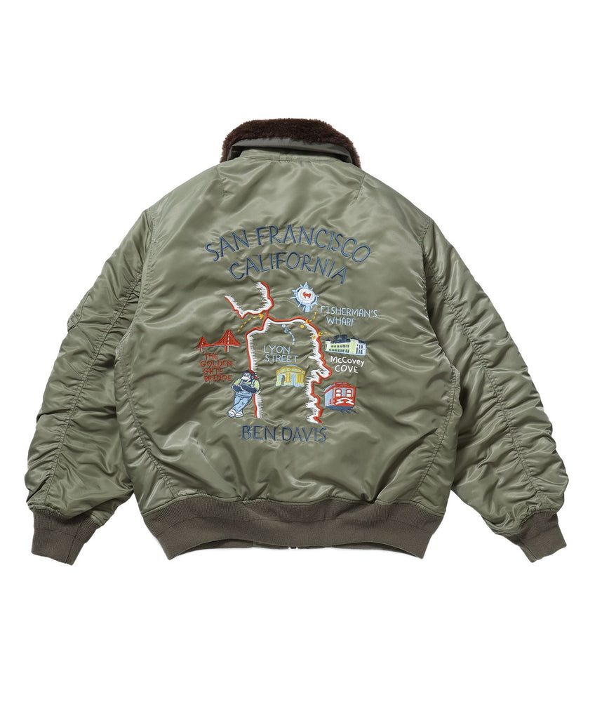 【BEN DAVIS（ベンデイビス）】SOUVENIR EMB FLIGHT JACKET / スーベニアジャケット フライトジャケット 刺繍 ワッペン 着脱ボア衿 アウター ユニセックス カーキ