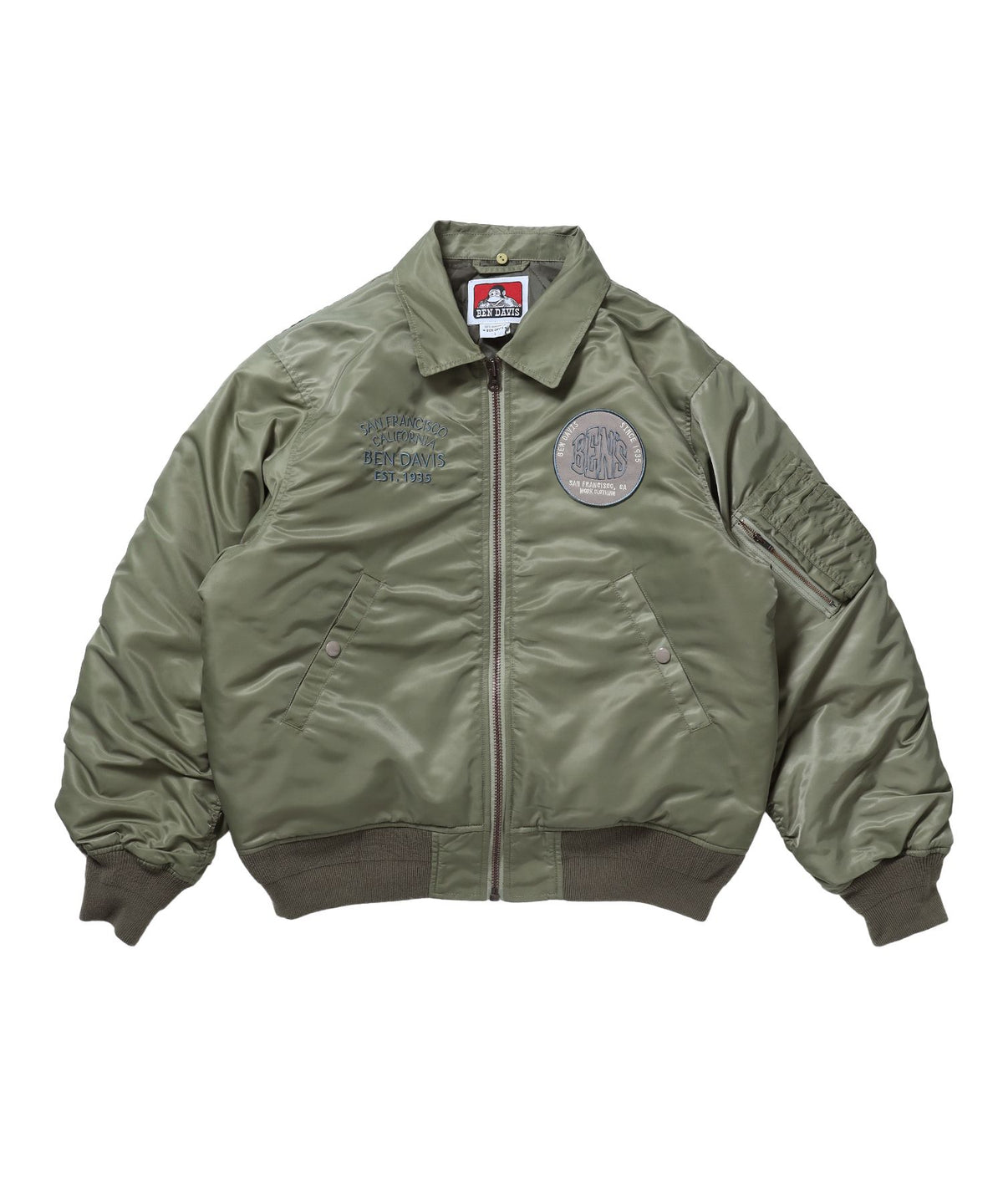 【BEN DAVIS（ベンデイビス）】SOUVENIR EMB FLIGHT JACKET / スーベニアジャケット フライトジャケット 刺繍 ワッペン 着脱ボア衿 アウター ユニセックス カーキ