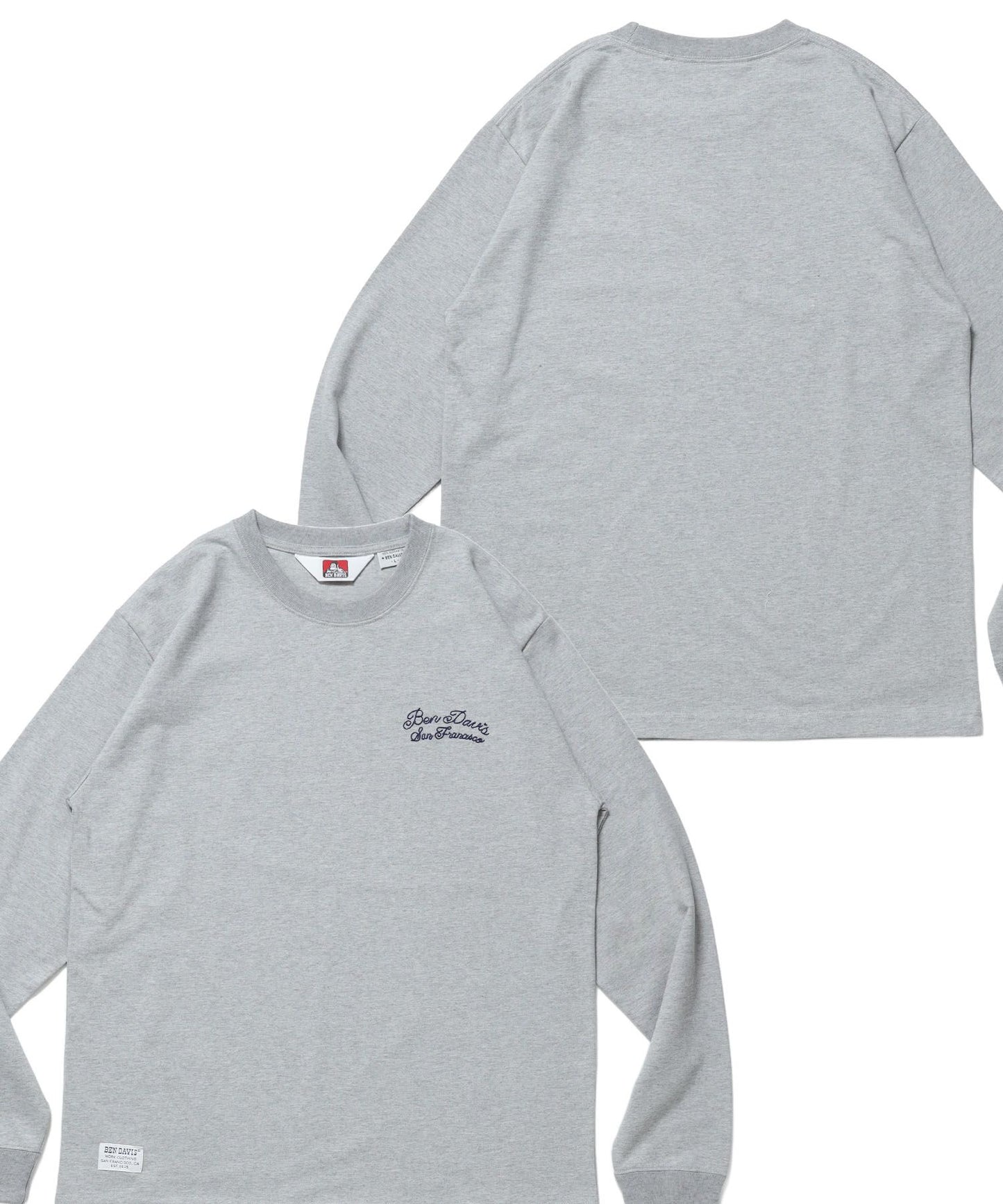 【BEN DAVIS（ベンデイビス）】SCRIPT VNTG L/S TEE (REG) / ロンT 長袖 刺繍 ビスネーム ヴィンテージ加工 レギュラーフィット ユニセックス グレー