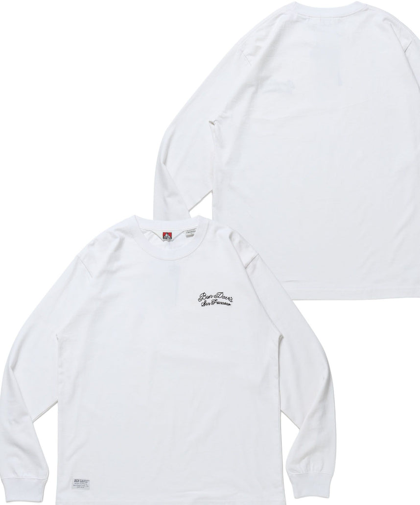 【BEN DAVIS（ベンデイビス）】SCRIPT VNTG L/S TEE (REG) / ロンT 長袖 刺繍 ビスネーム ヴィンテージ加工 レギュラーフィット ユニセックス ホワイト