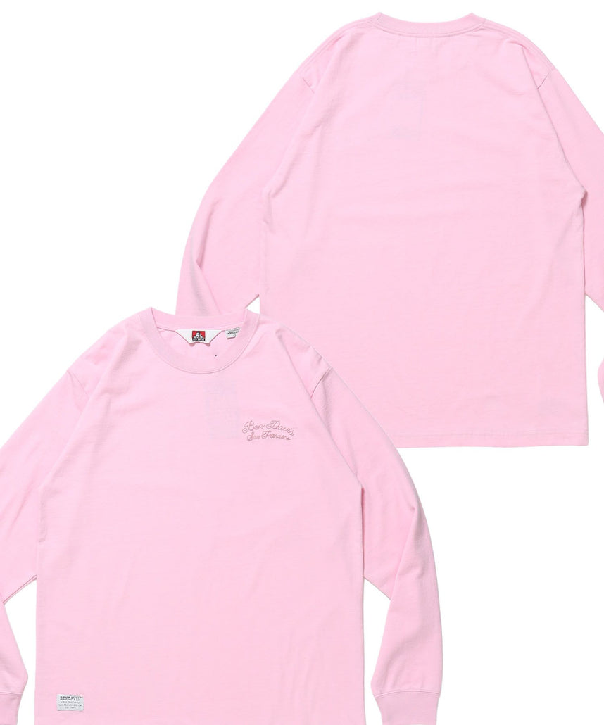【BEN DAVIS（ベンデイビス）】SCRIPT VNTG L/S TEE (REG) / ロンT 長袖 刺繍 ビスネーム ヴィンテージ加工 レギュラーフィット ユニセックス ピンク