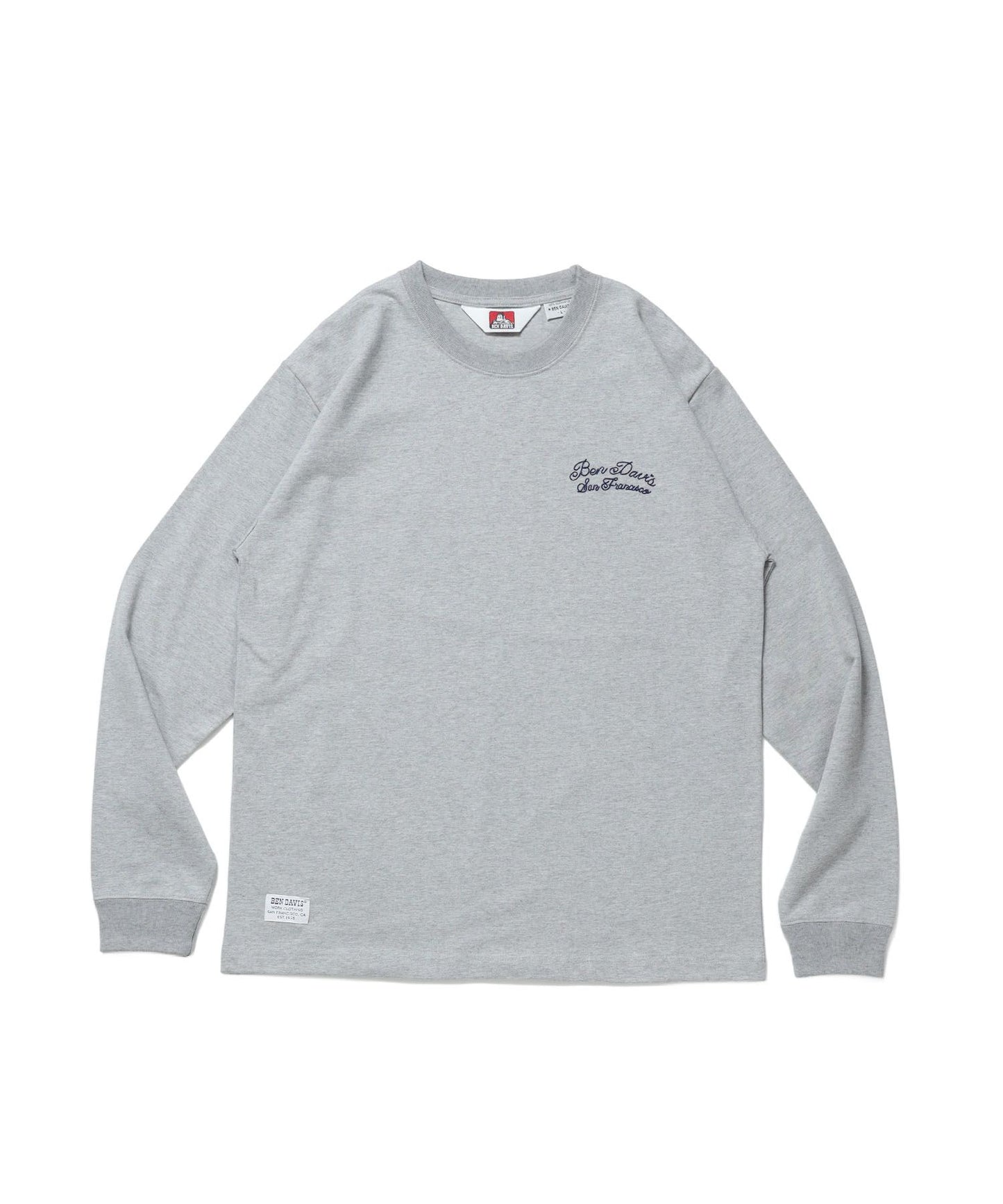 【BEN DAVIS（ベンデイビス）】SCRIPT VNTG L/S TEE (REG) / ロンT 長袖 刺繍 ビスネーム ヴィンテージ加工 レギュラーフィット ユニセックス グレー