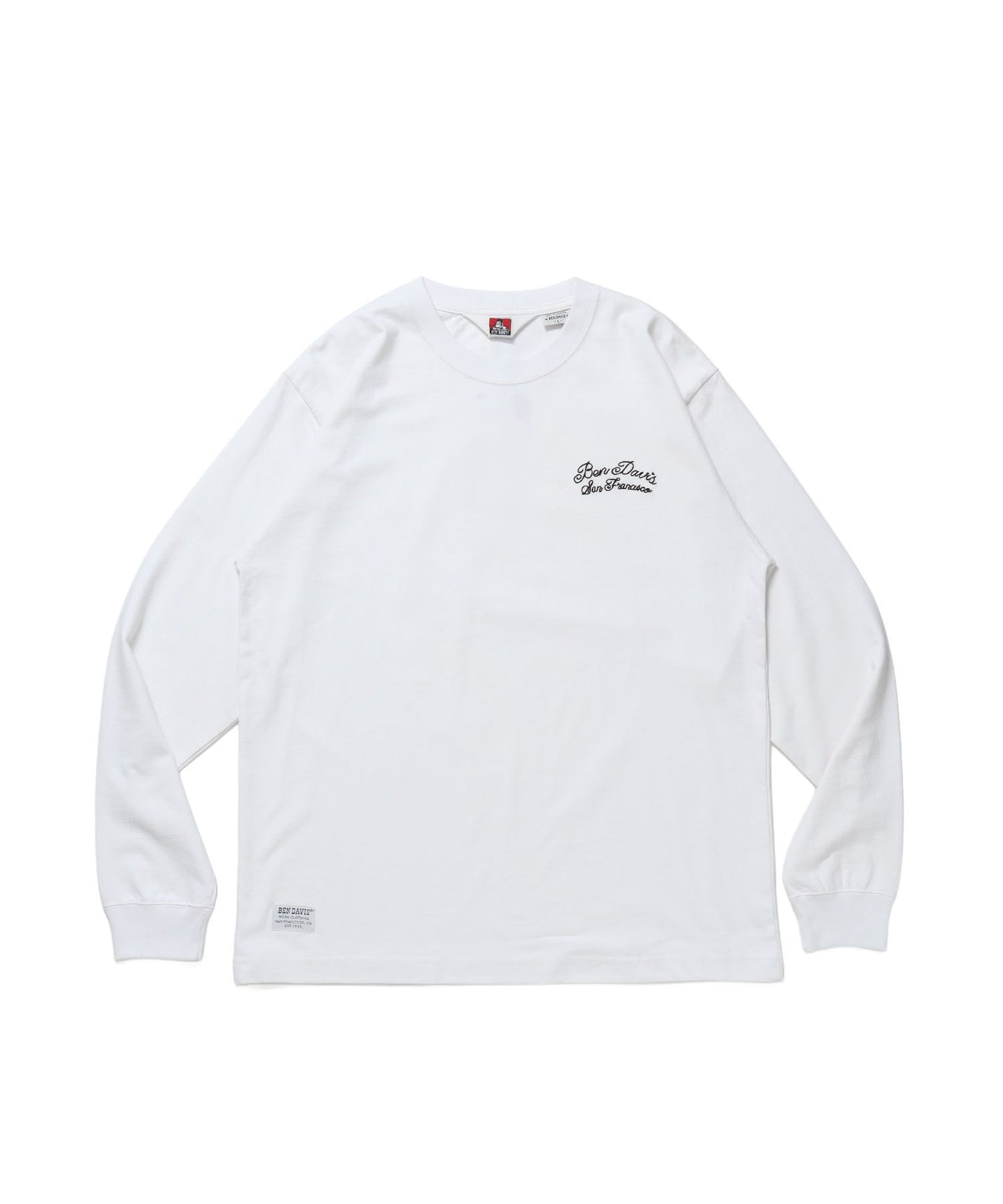 【BEN DAVIS（ベンデイビス）】SCRIPT VNTG L/S TEE (REG) / ロンT 長袖 刺繍 ビスネーム ヴィンテージ加工 レギュラーフィット ユニセックス ホワイト