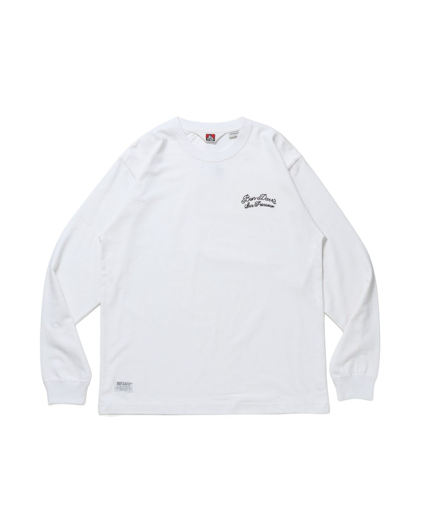 【BEN DAVIS（ベンデイビス）】SCRIPT VNTG L/S TEE (REG) / ロンT 長袖 刺繍 ビスネーム ヴィンテージ加工 レギュラーフィット ユニセックス ホワイト