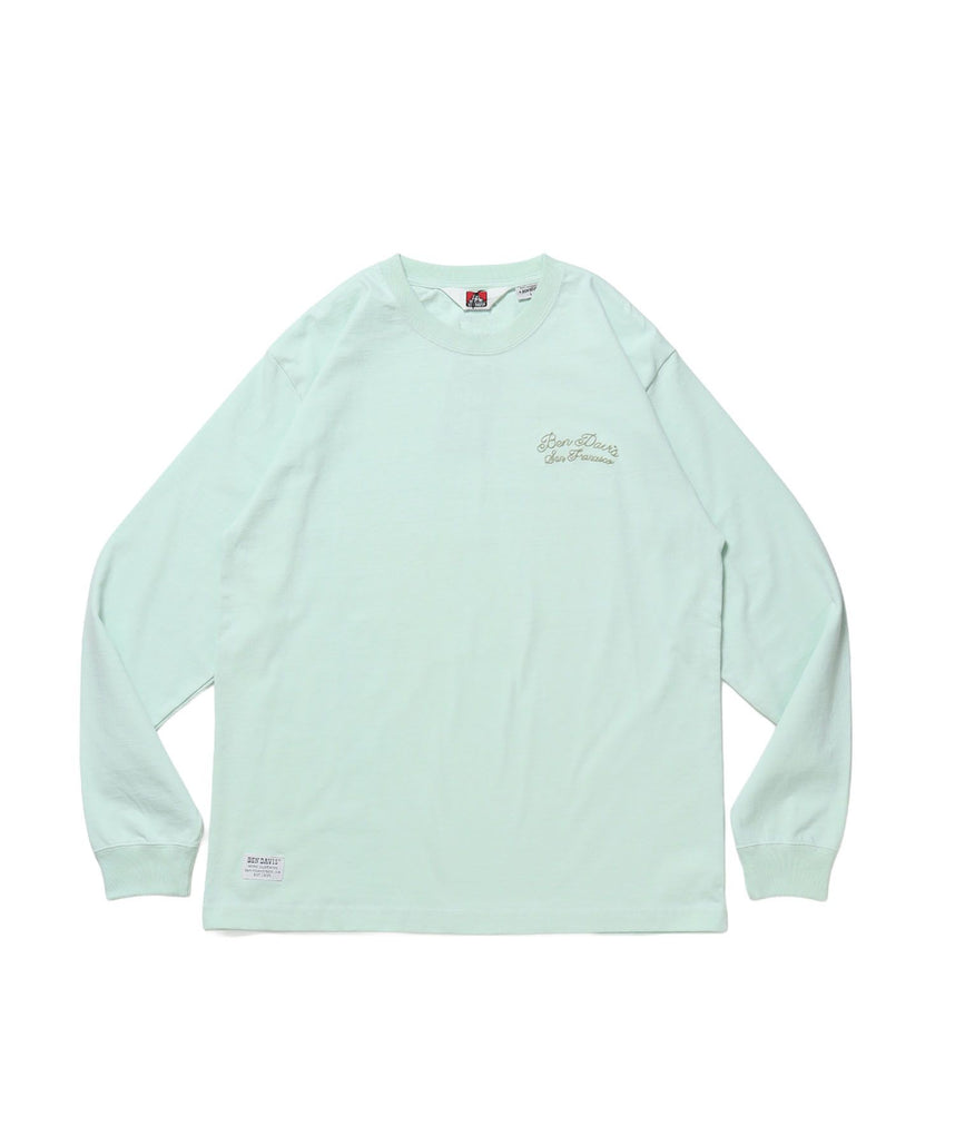 【BEN DAVIS（ベンデイビス）】SCRIPT VNTG L/S TEE (REG) / ロンT 長袖 刺繍 ビスネーム ヴィンテージ加工 レギュラーフィット ユニセックス ミント