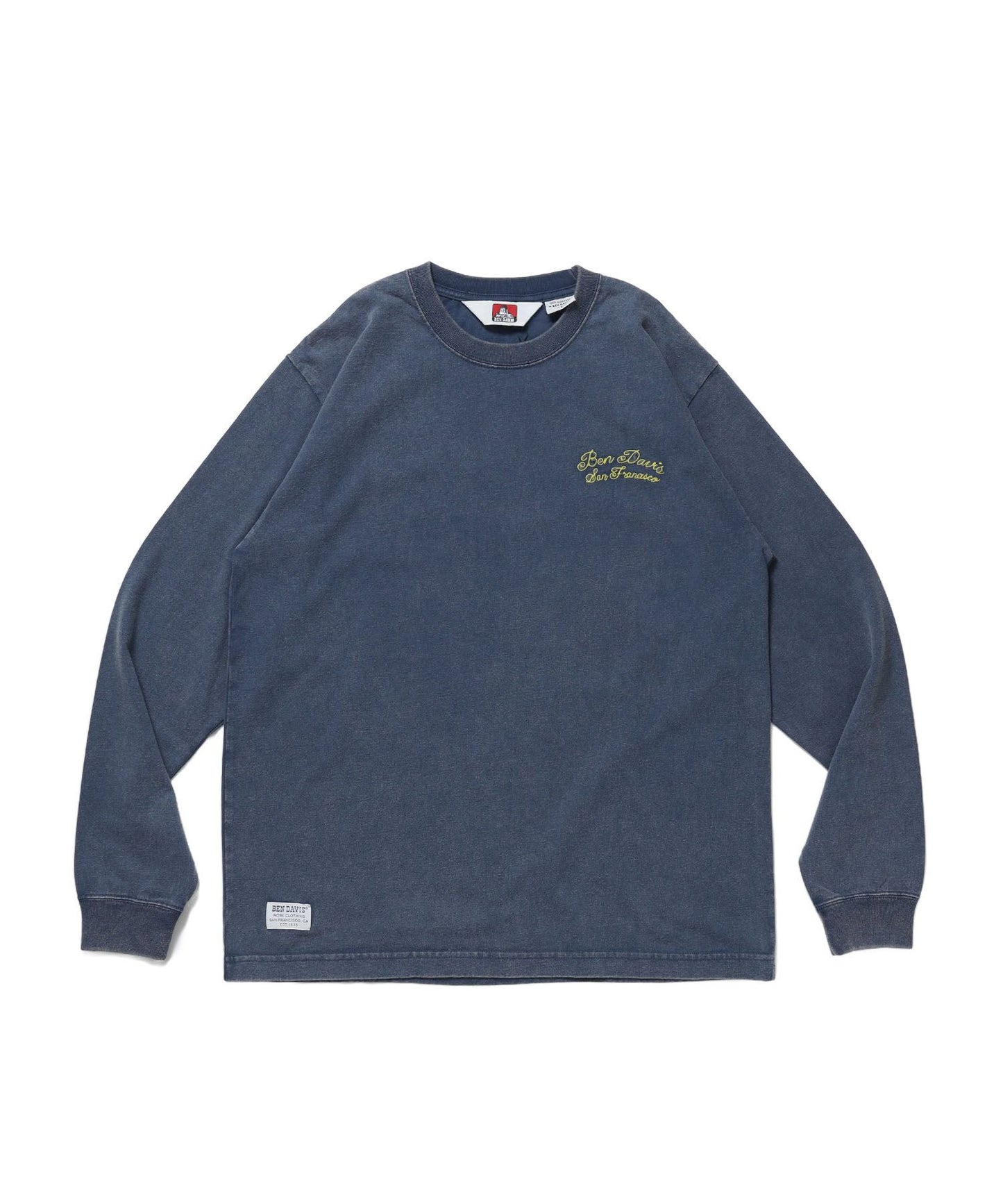 【BEN DAVIS（ベンデイビス）】SCRIPT VNTG L/S TEE (REG) / ロンT 長袖 刺繍 ビスネーム ヴィンテージ加工 レギュラーフィット ユニセックス ネイビー