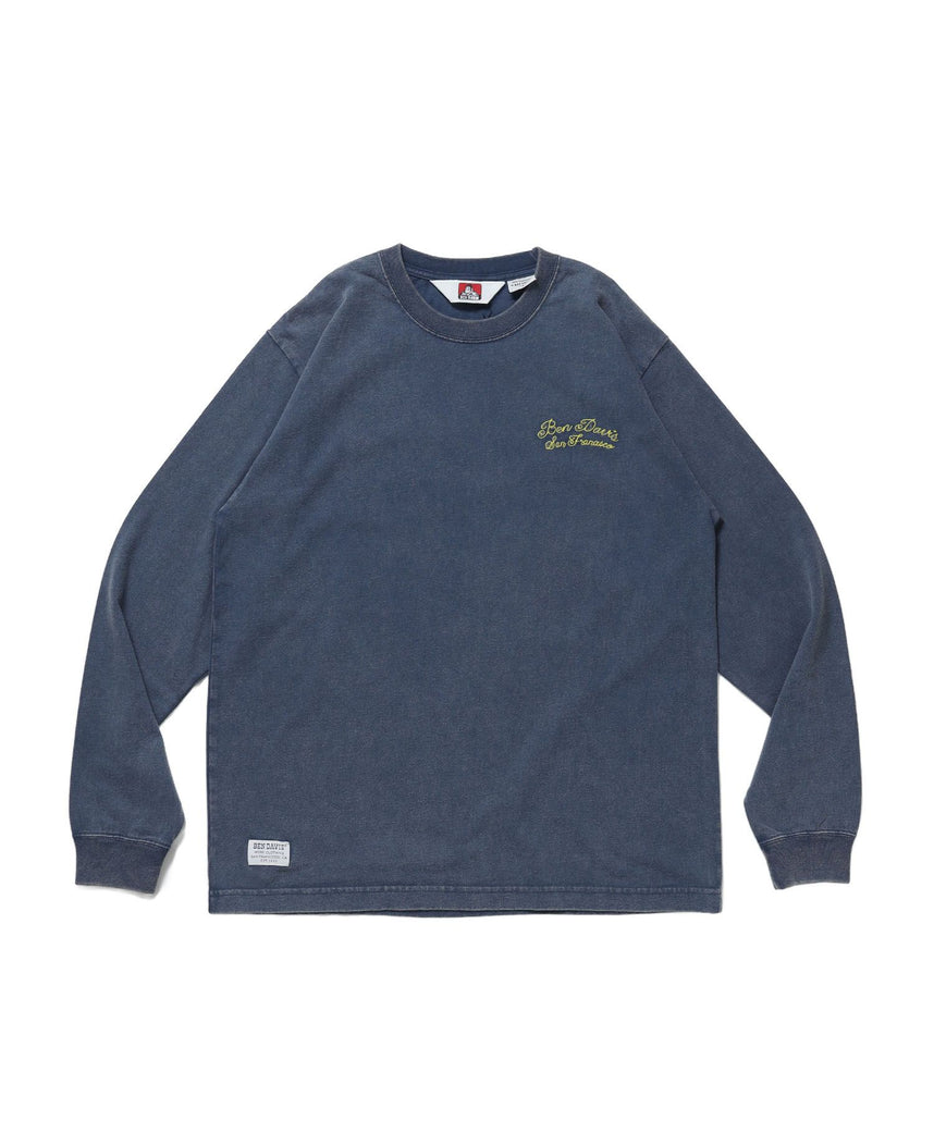 【BEN DAVIS（ベンデイビス）】SCRIPT VNTG L/S TEE (REG) / ロンT 長袖 刺繍 ビスネーム ヴィンテージ加工 レギュラーフィット ユニセックス ネイビー