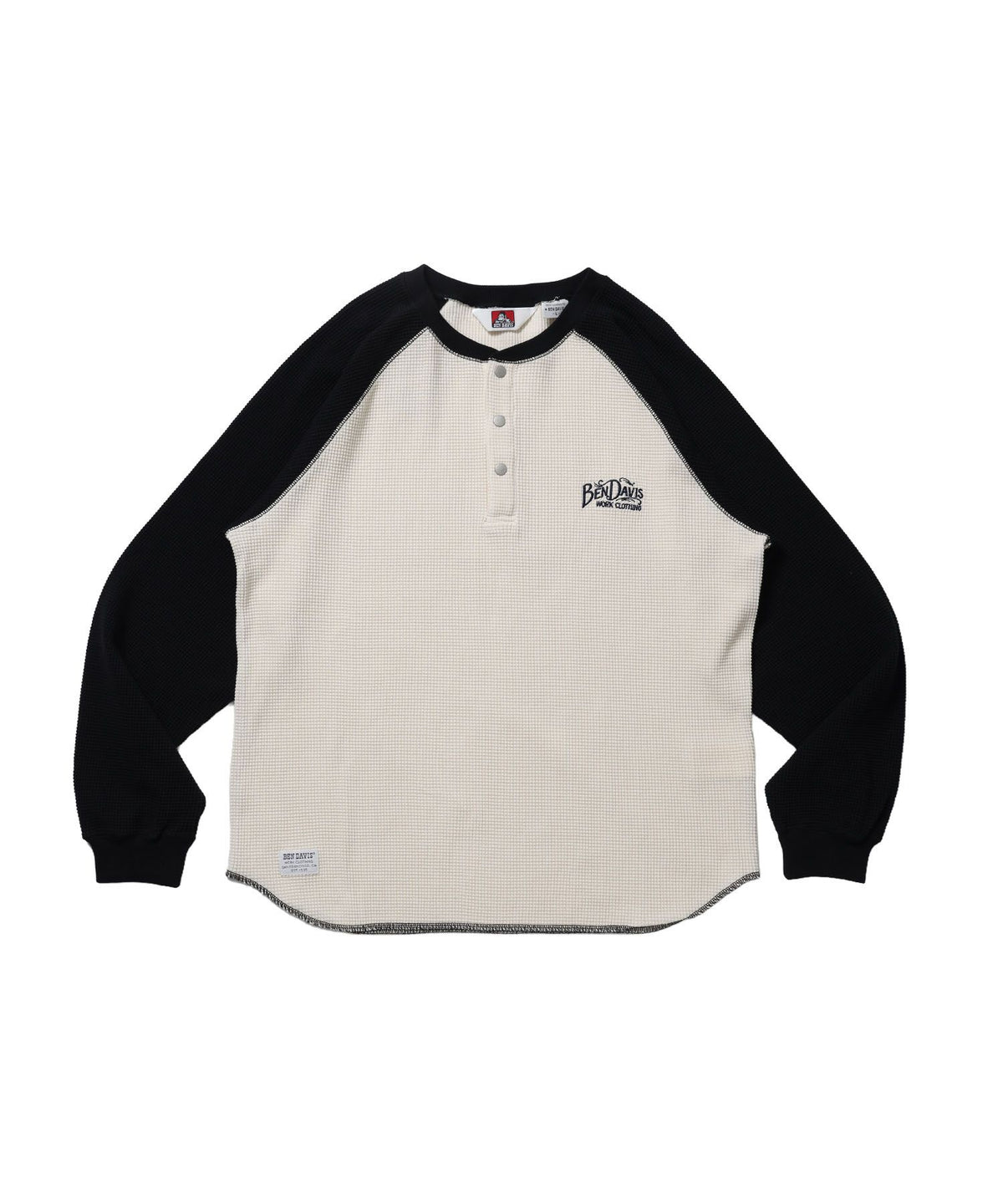 【BEN DAVIS（ベンデイビス）】BIG WAFFLE L/S HENLEY / ワッフル ラグラン ヘンリー ユニセックス 長袖 ロンT ブラック
