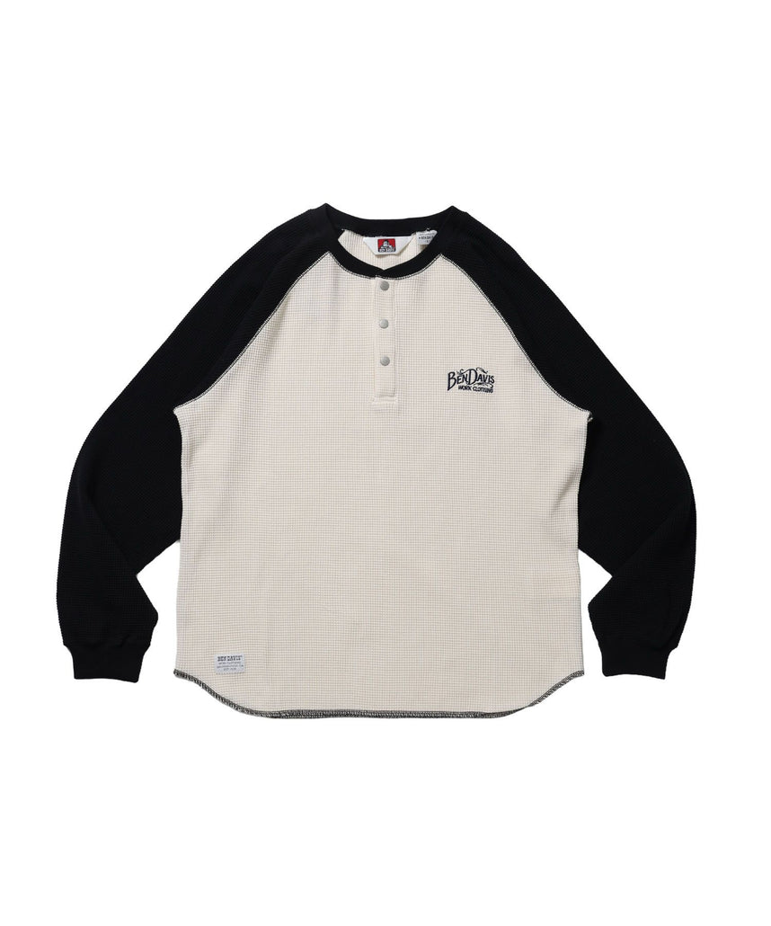 【BEN DAVIS（ベンデイビス）】BIG WAFFLE L/S HENLEY / ワッフル ラグラン ヘンリー ユニセックス 長袖 ロンT ブラック