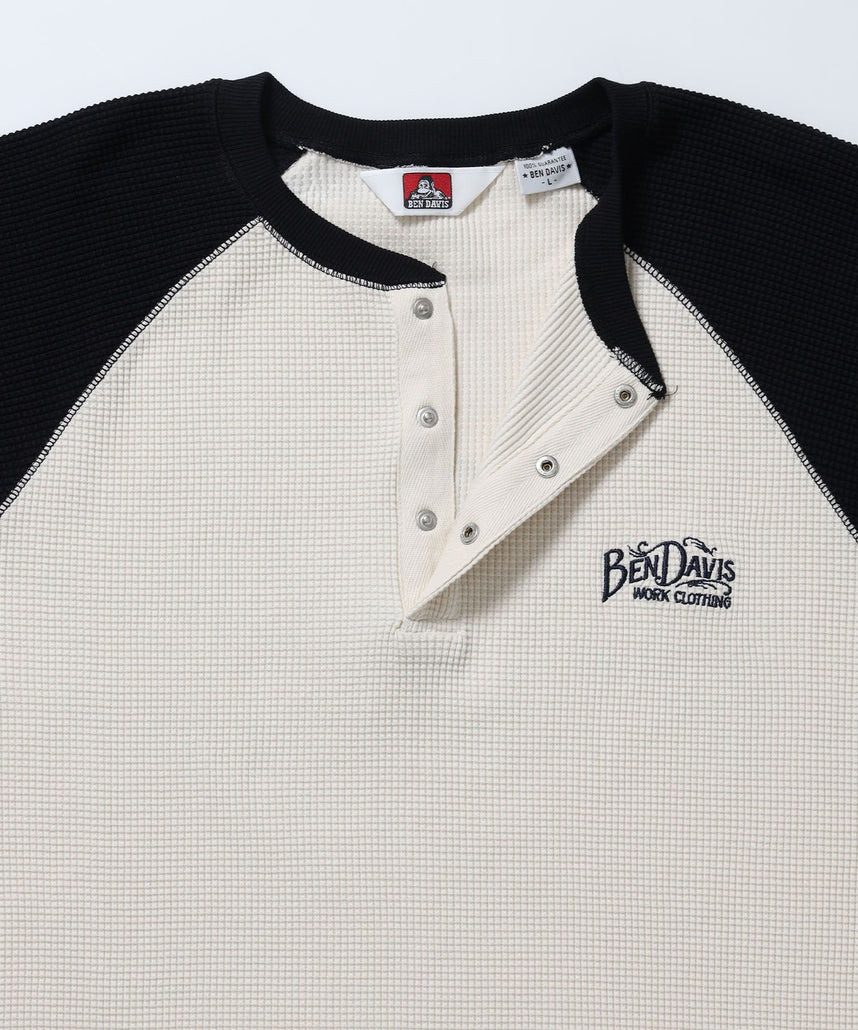 BIG WAFFLE L/S HENLEY / ワッフル ラグラン ヘンリー ユニセックス 長袖 ロンT ブラック